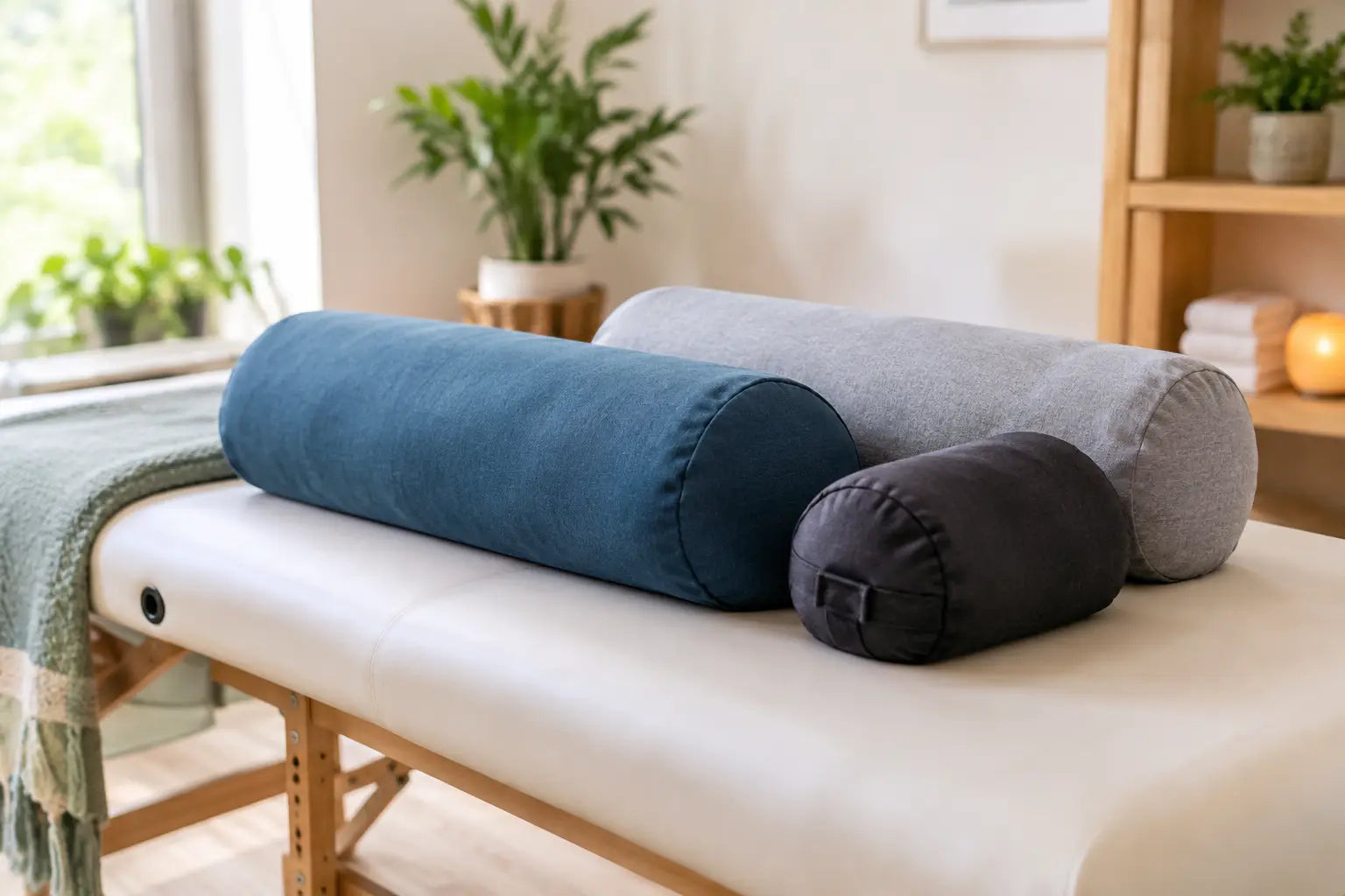 3 different types of massage positioning bolsters are sitting on a massage table, to illustrate the article about How to Select Therapy Bolsters for Your Practice