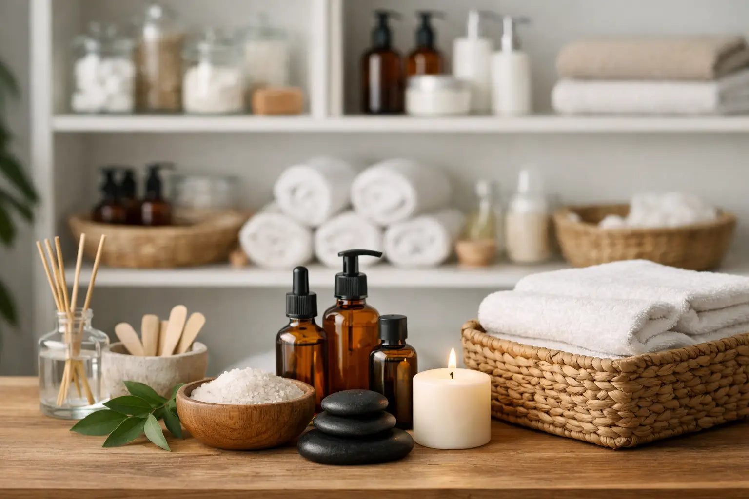 An assortment of spa supplies such as oil pump bottles, towels, applicator sticks, and a cancle on a table and on shelves on the back wall to illustrate How to Stock Spa Supplies Without Overstocking