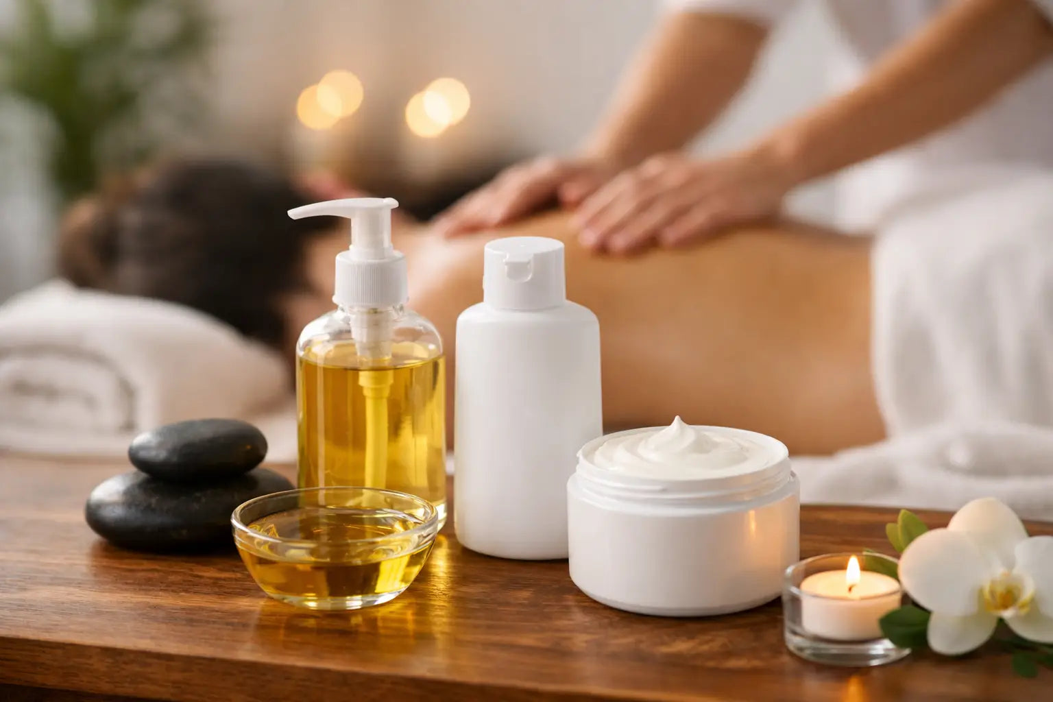 A selection of massage oil, cream, and lotion on a table in a massage therapy room.