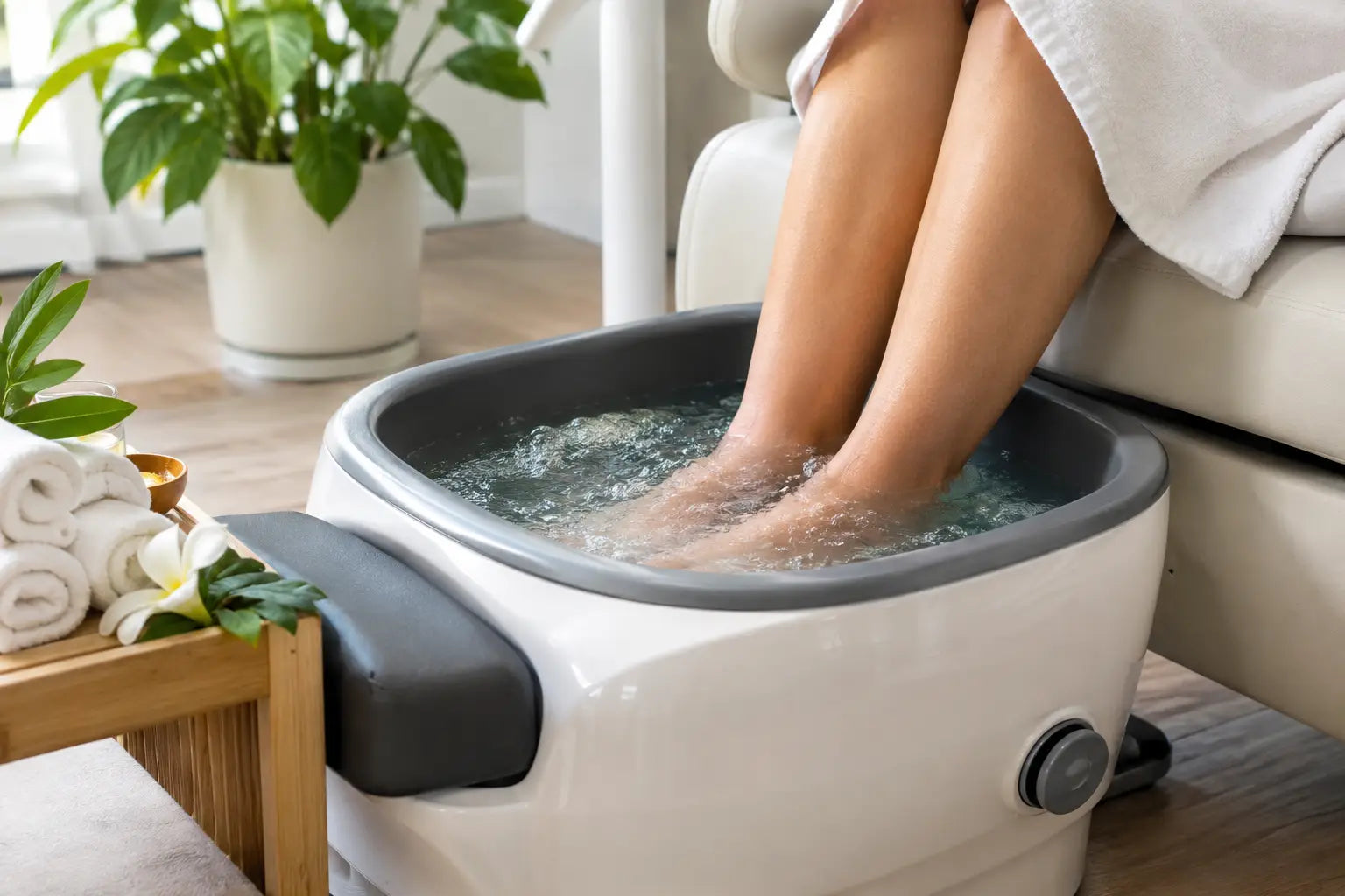 A person is sitting in a chair with their feet soaking in a foot bath.