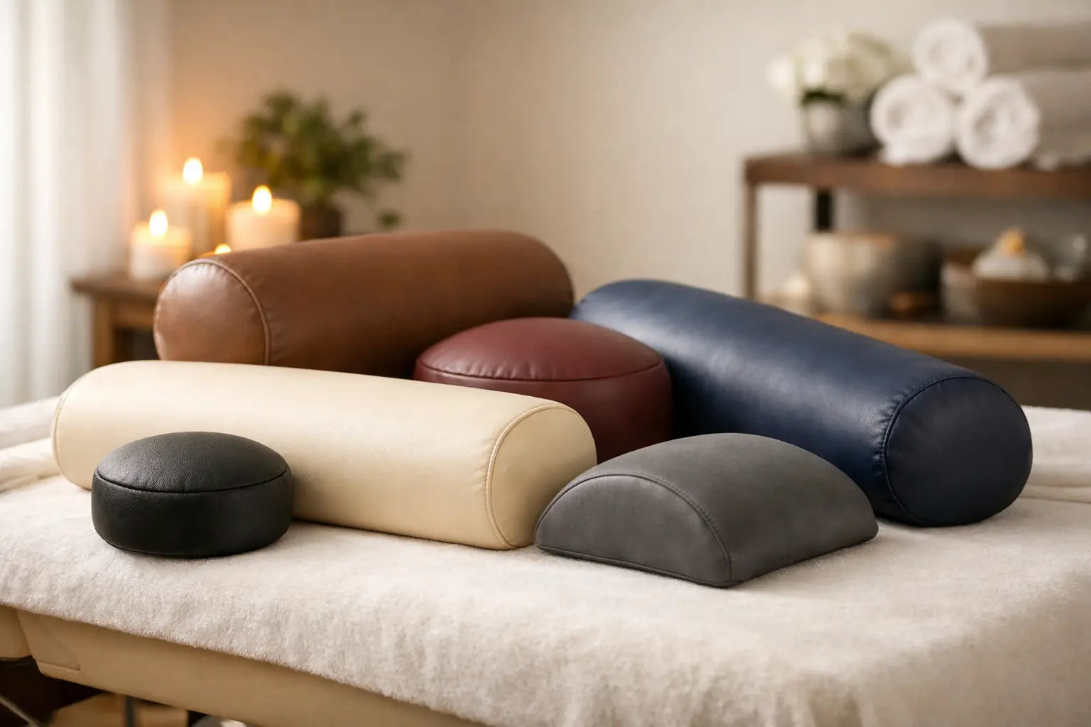 A collection of bolsters sitting on a massage table with candles in the background to illustrate How to Choose Massage Bolsters for Your Practice