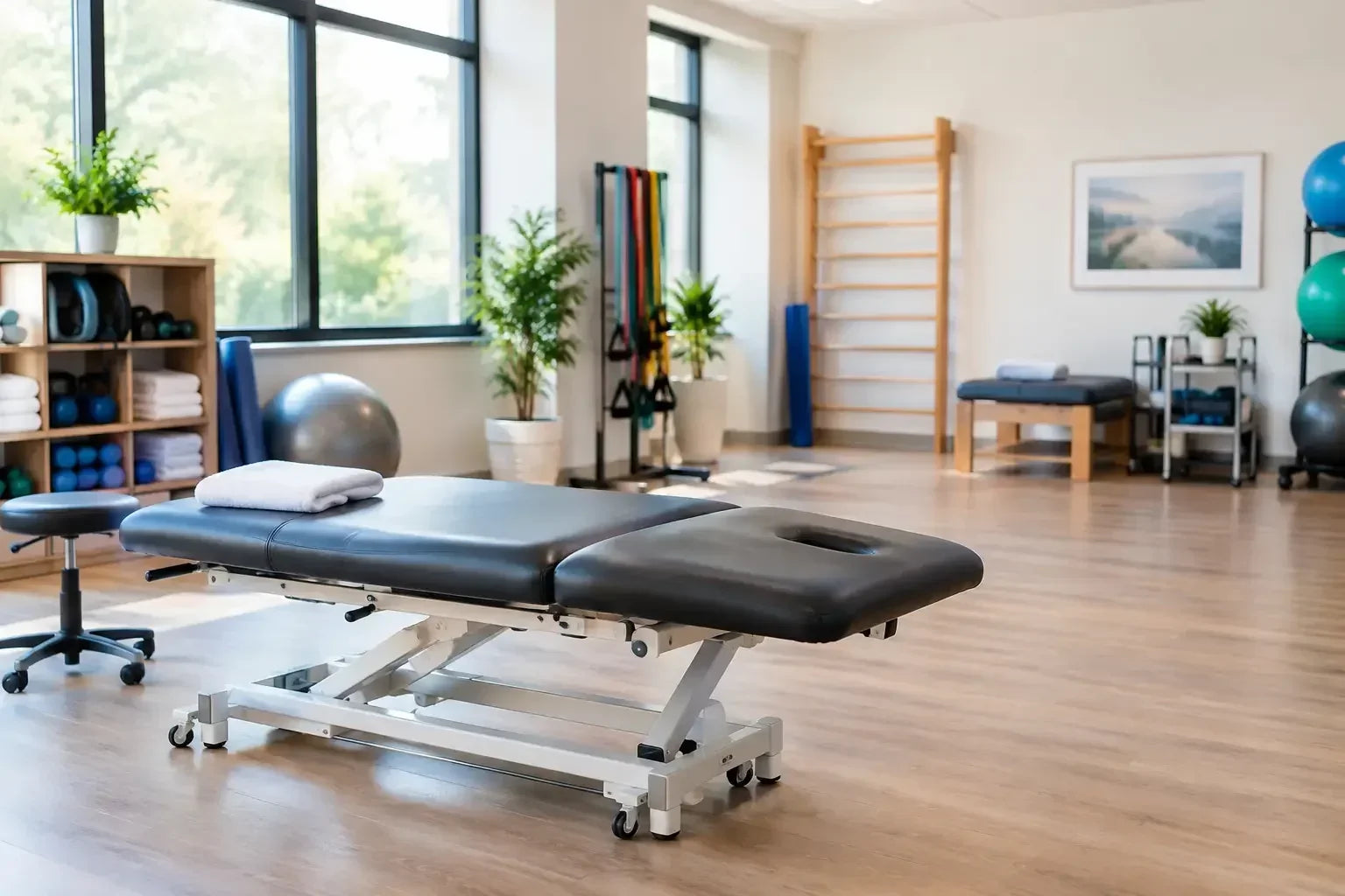 An electric lift chiropractic therapy adjustment table with a white metal frame and black upholstery in a professional room setting.