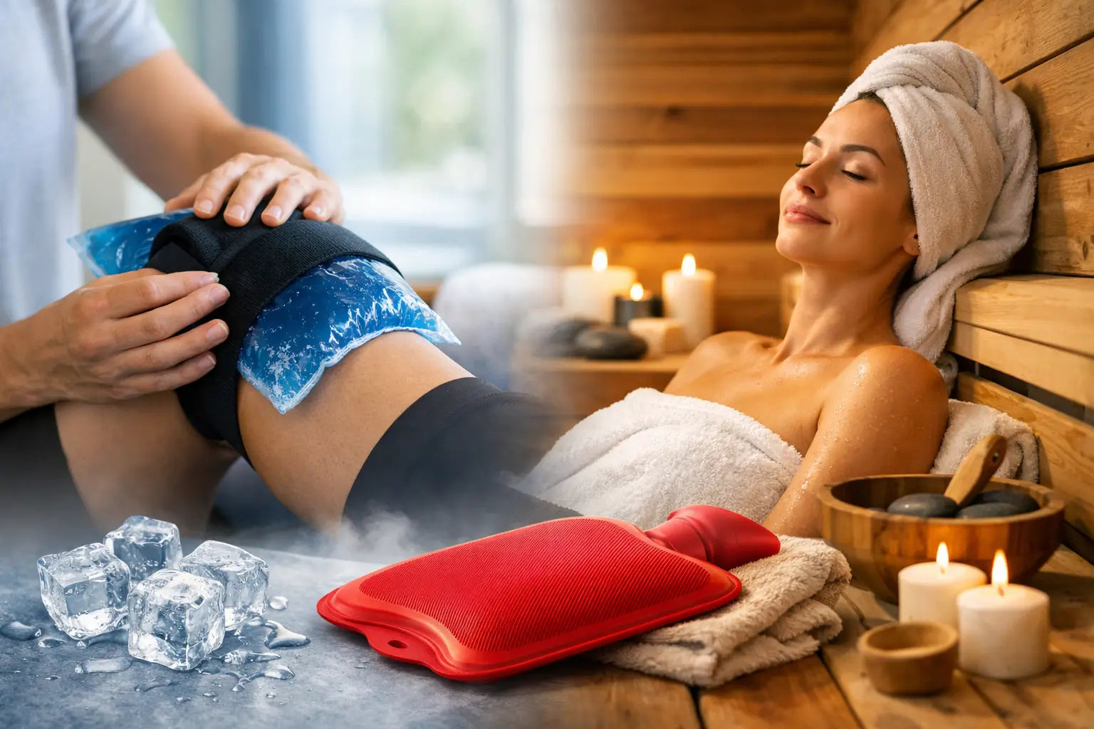 Collage image of someone applying a cold pack to a clients leg, A hot pack on a table, and a lady relaxing in a sauna. 