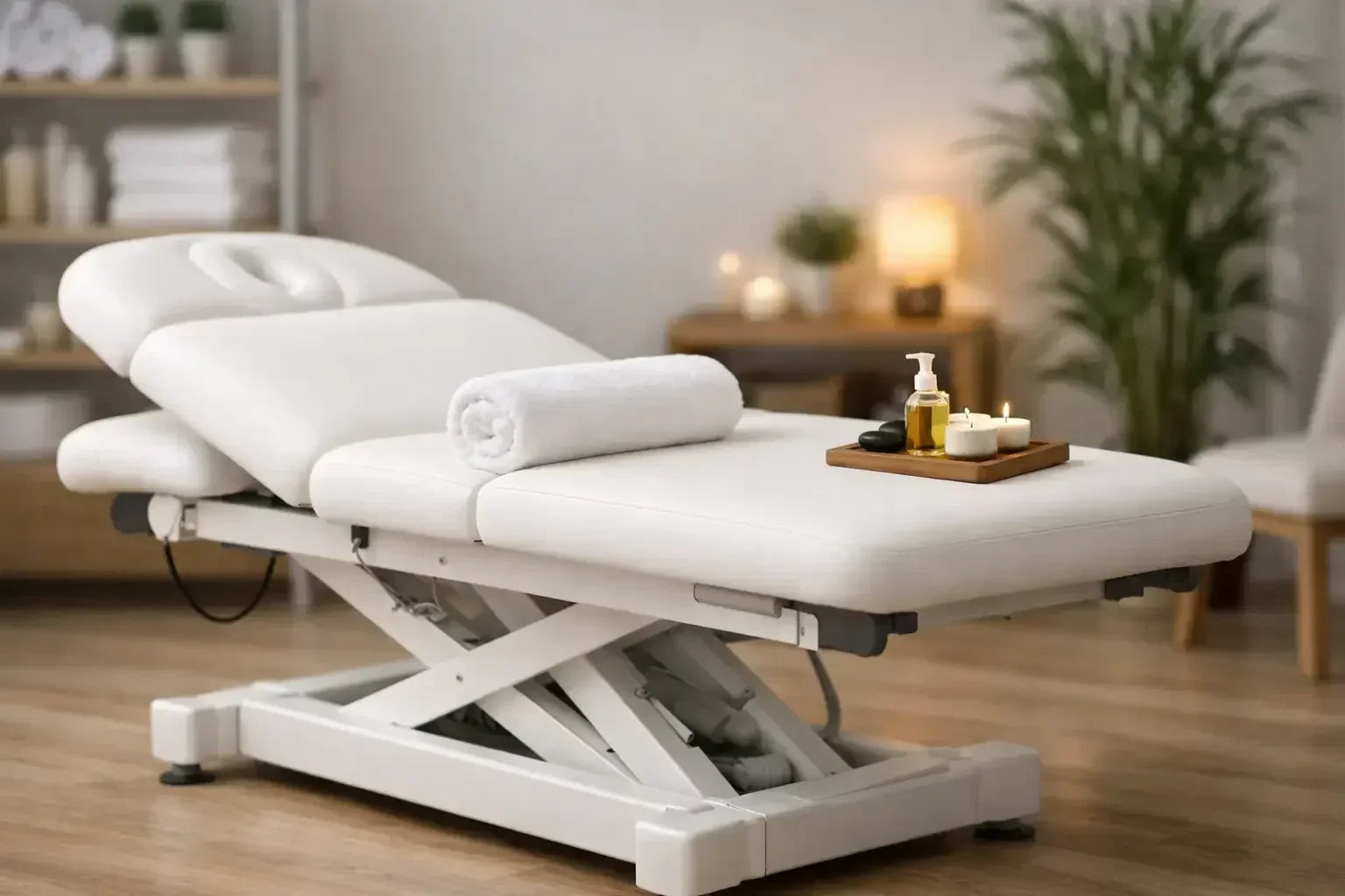 A white electric lift table with a salon top is sitting in a room with white walls and a wooden floor, and a lamp and a plant in the background, to illustrate the idea of Are Electric Lift Tables Worth It for Your Practice?