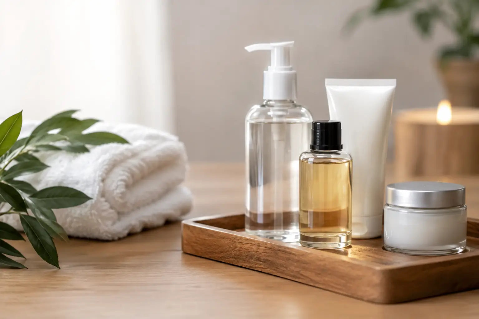 A wooden tray that is sitting on a table is holding samples of massage oil, cream, gel, and lotion in unmarked containers. 
