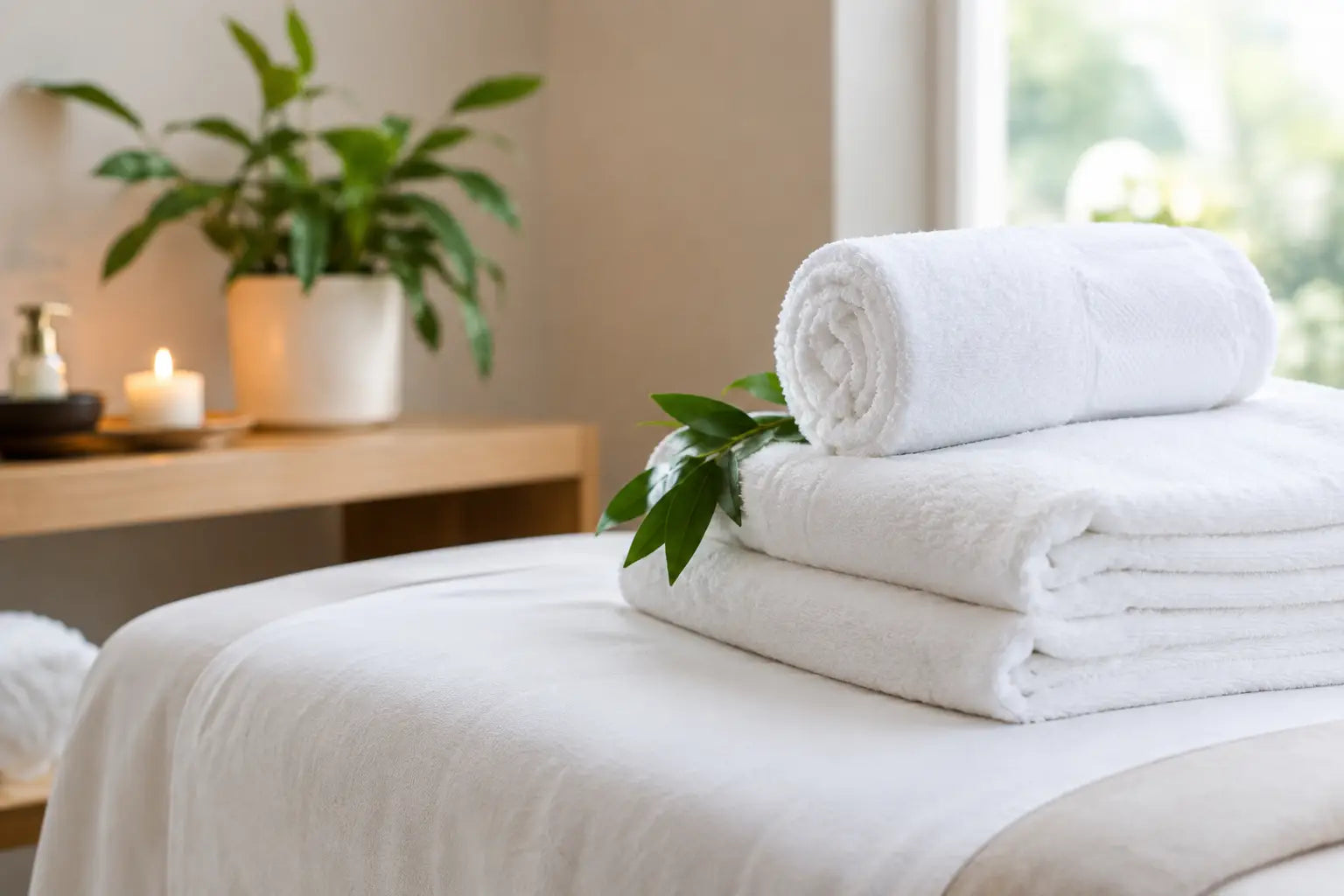 A clean room with natural light features a massage table that is fully draped, with an extra set of linens folded and laying on top the table. 