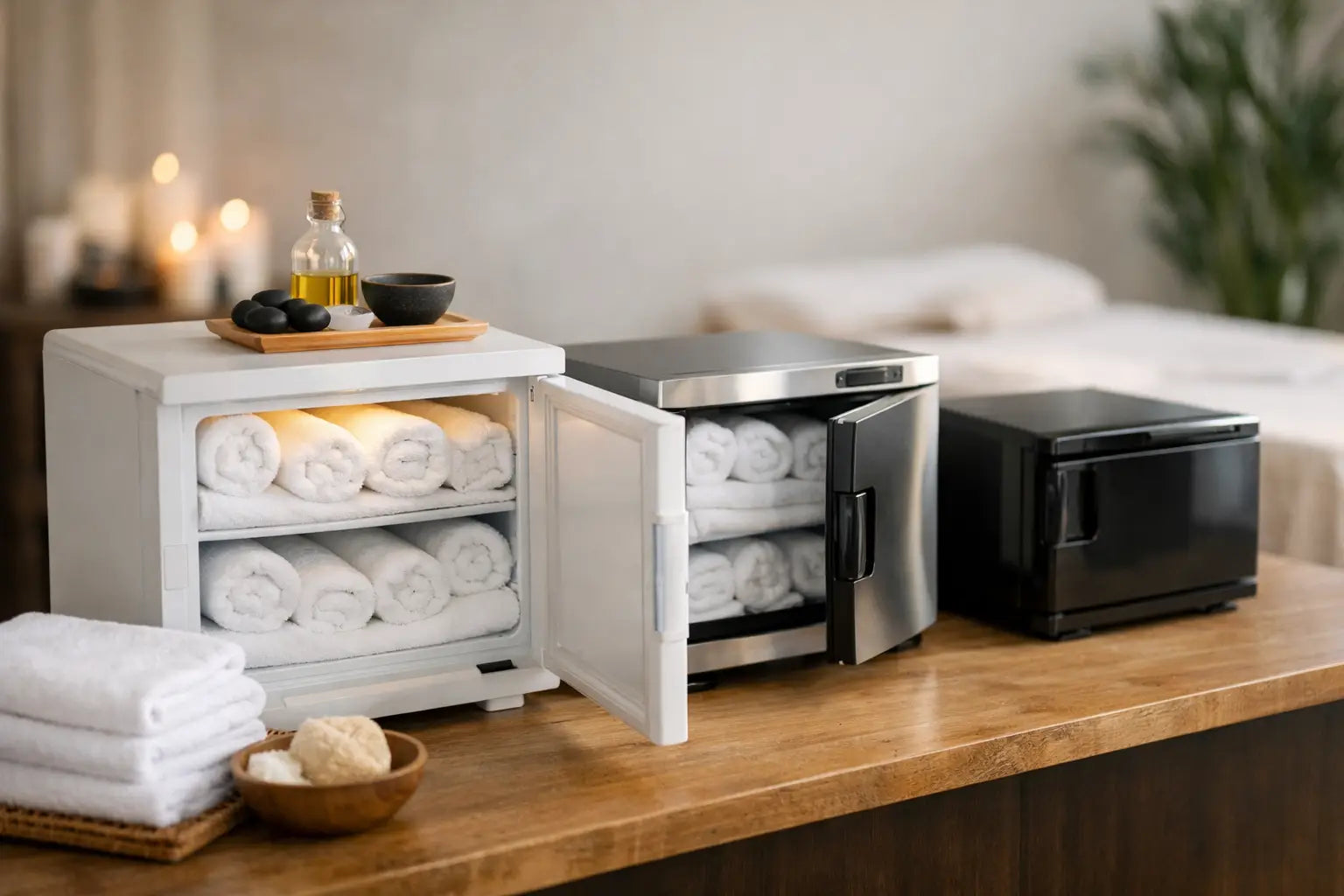3 different sized hot towel cabinets sit on a table in a serene massage clinic room with candles in the background.