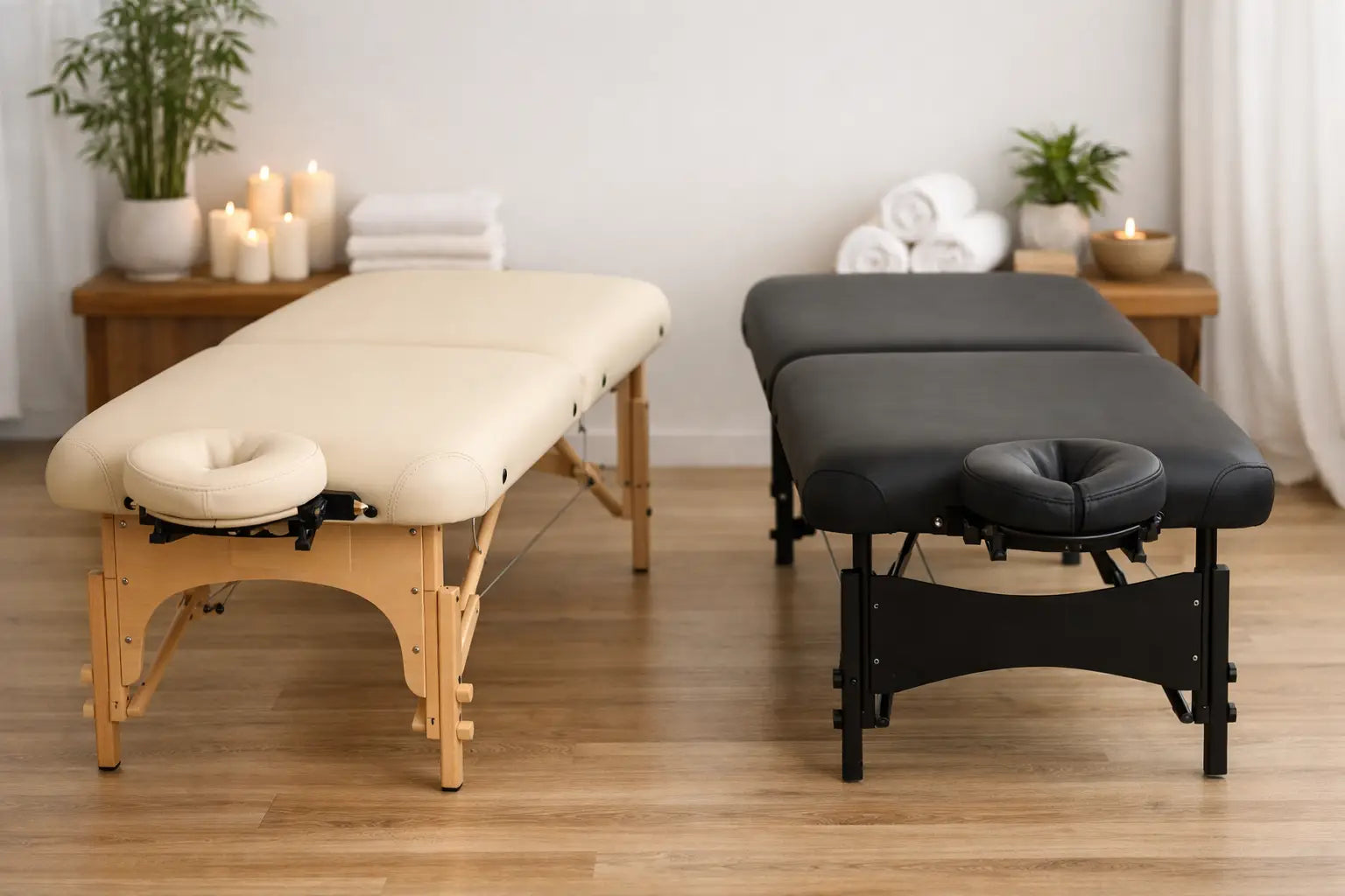 One cream colored and one black colored massage table sitting side by side in a white room with wooden floors.