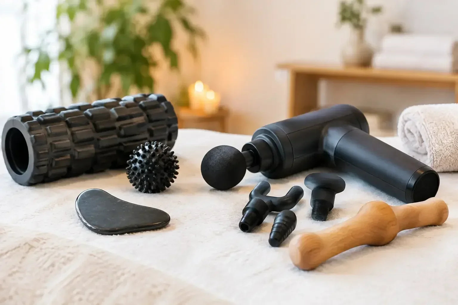 An assortment of bodywork and massage therapy tools that are sitting on a towel, with a window, a plant, and a small table in the background, to illustrate the idea of Top Bodywork Therapy Tools for Better Sessions