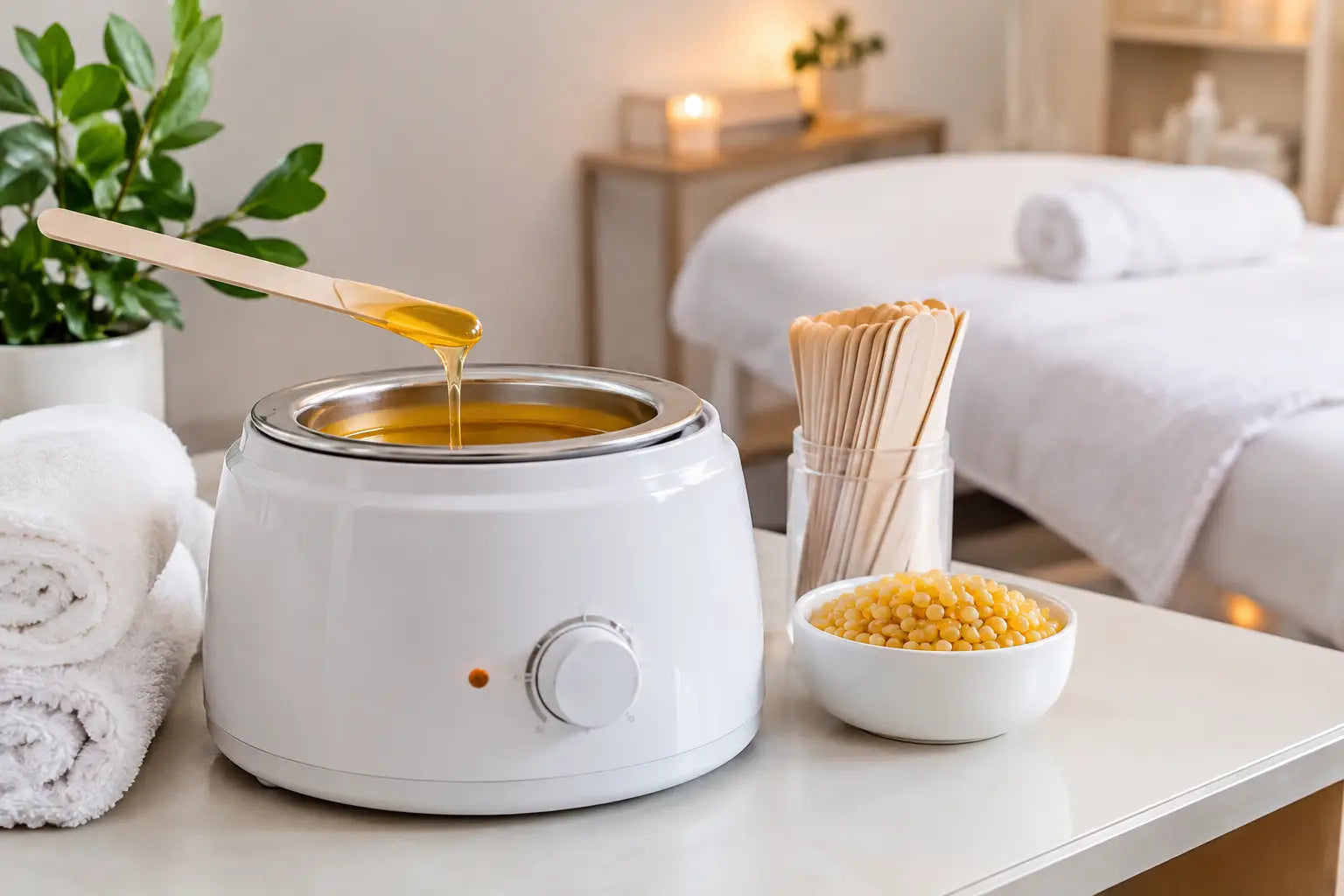 A Wax Warmer in use with hot wax and a wooden spatula are sitting on a table in a spa treatment room with a therapy table in the background to illustrate a guide article for Professional Treatment Rooms