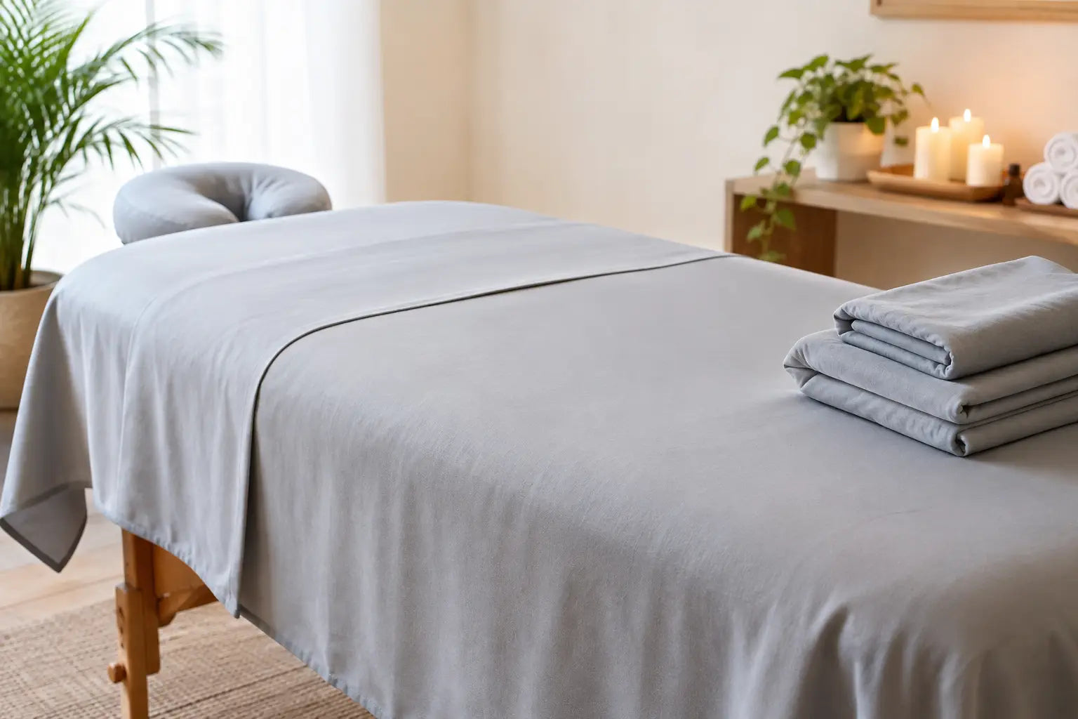 A massage table set up in a practice room, that is draped in a full sheet set, with extra sheets folded and sitting on top the table. The sheets are grey in color. Are Microfiber Sheets Good for Massage Tables?