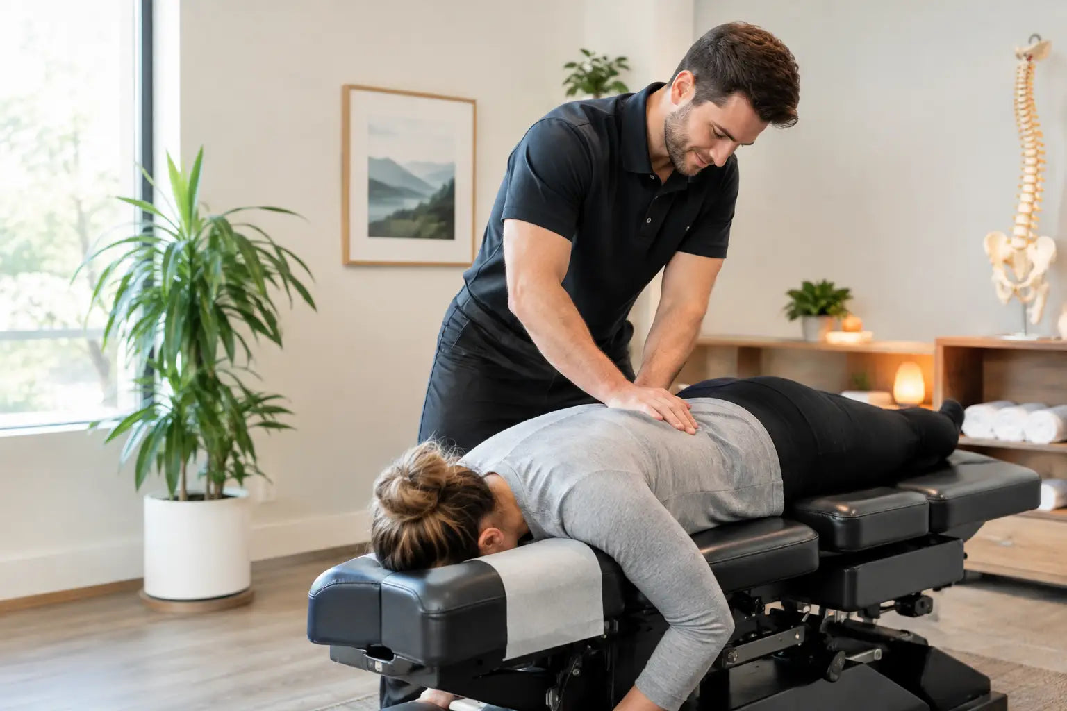 A patient is lying on an adjustment table with a chiropracter working on her back, to illustrate the article of A Chiropractic Office Upgrade Example That Pays Off