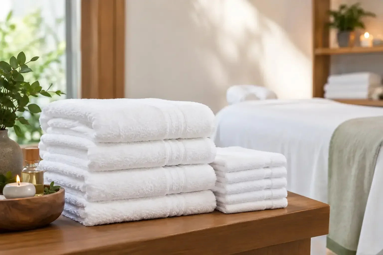 A stack of large and small spa towels that are neatly folded and sitting on a table next to a set up and draped massage table, to illustrate the idea of How to Stock Spa Linens for Daily Service