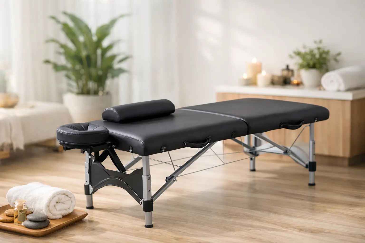 A black massage table with an aluminum frame that is set up on a soft-lit room with earth tones, white linen, plants, and massage accessories.