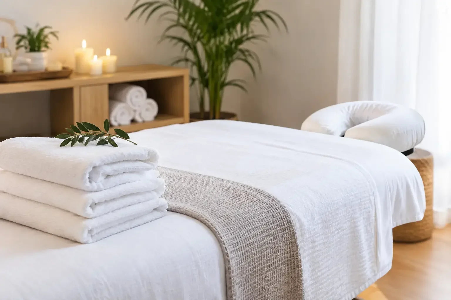 3 sets of linens sitting on a fully draped massage table to illustrate the article Spa Linen Care Guide for Treatment Rooms