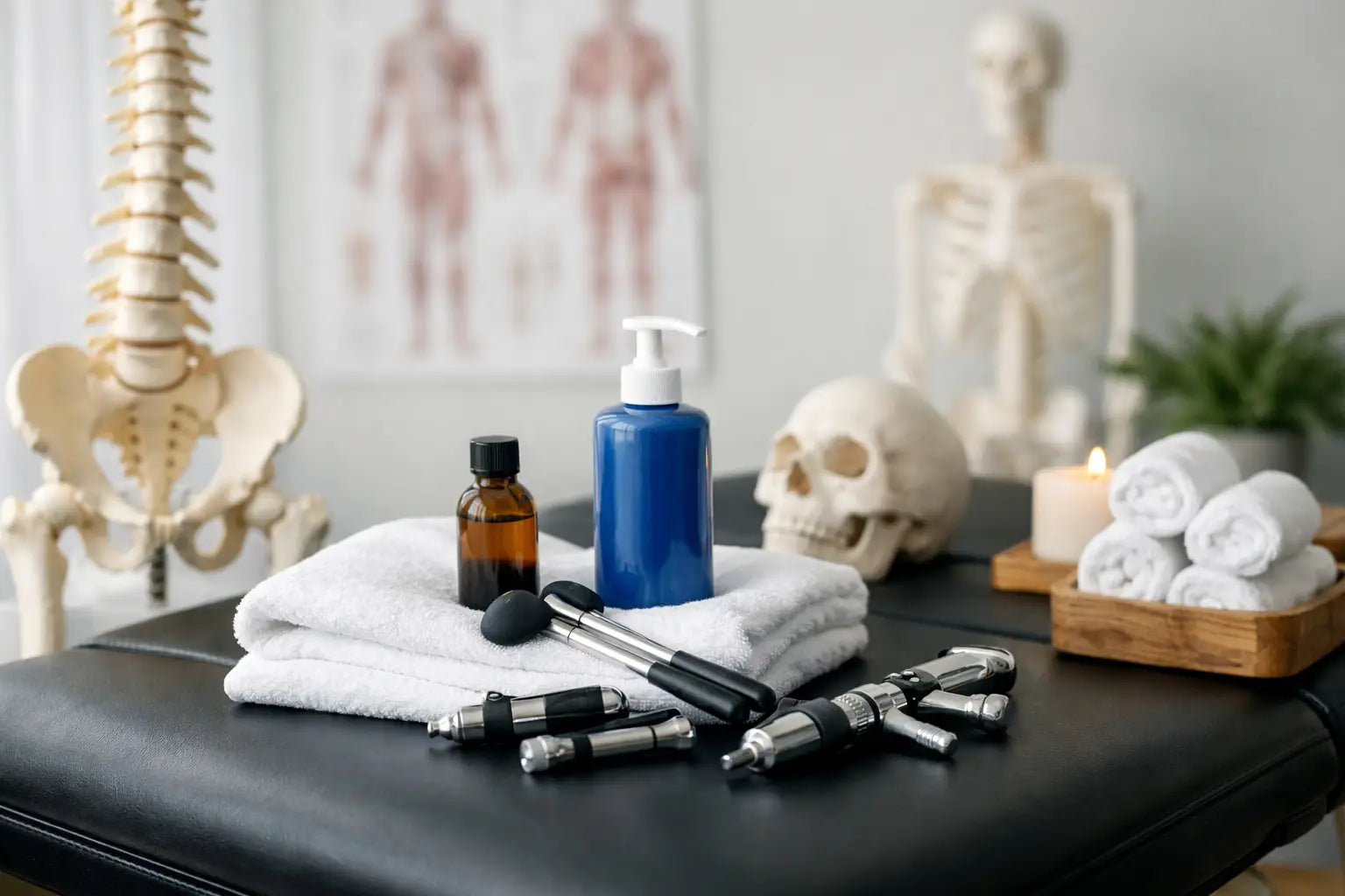 Assortment of tools and supplies such as towels, oil, and pressure tools all sitting on a table in a clinic room with a skeleton and spine in the background. 