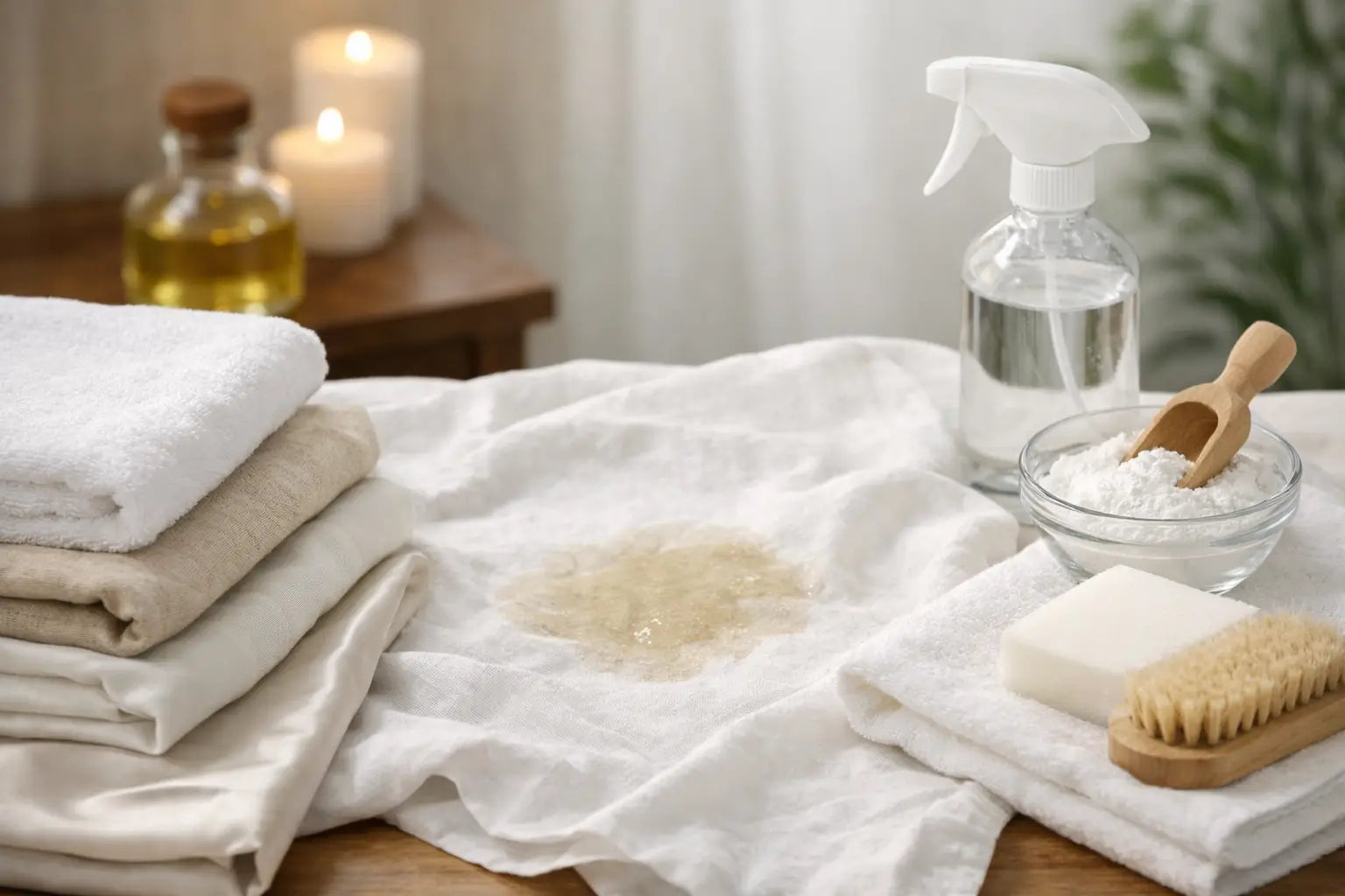 A stack of clean folded massage table sheets next to a sheet that has been used and has massage oil on it. A brush, some cleanser, and some candles are in the room. 