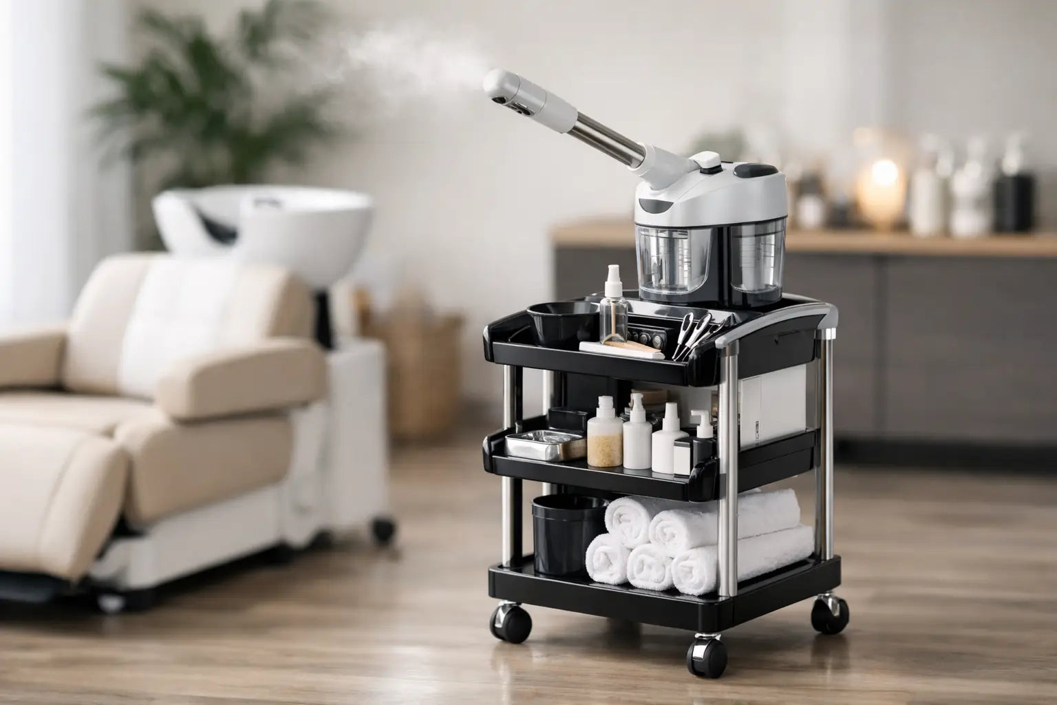 A fully loaded salon steamer cart with towels and accessories, sitting in a spa room.