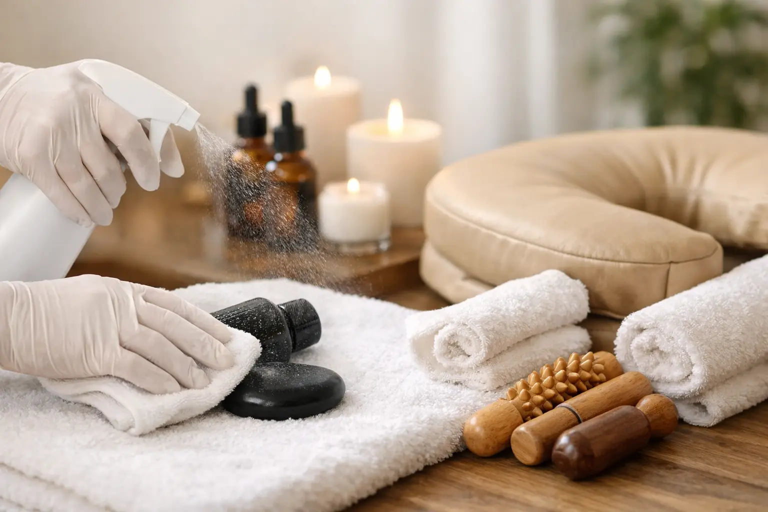 Gloved hands with a spray bottle and towels cleaning and disinfecting some massage stones that are sitting on a towel, with candles and a face rest cushion in the background and wooden massage tools in the foreground.