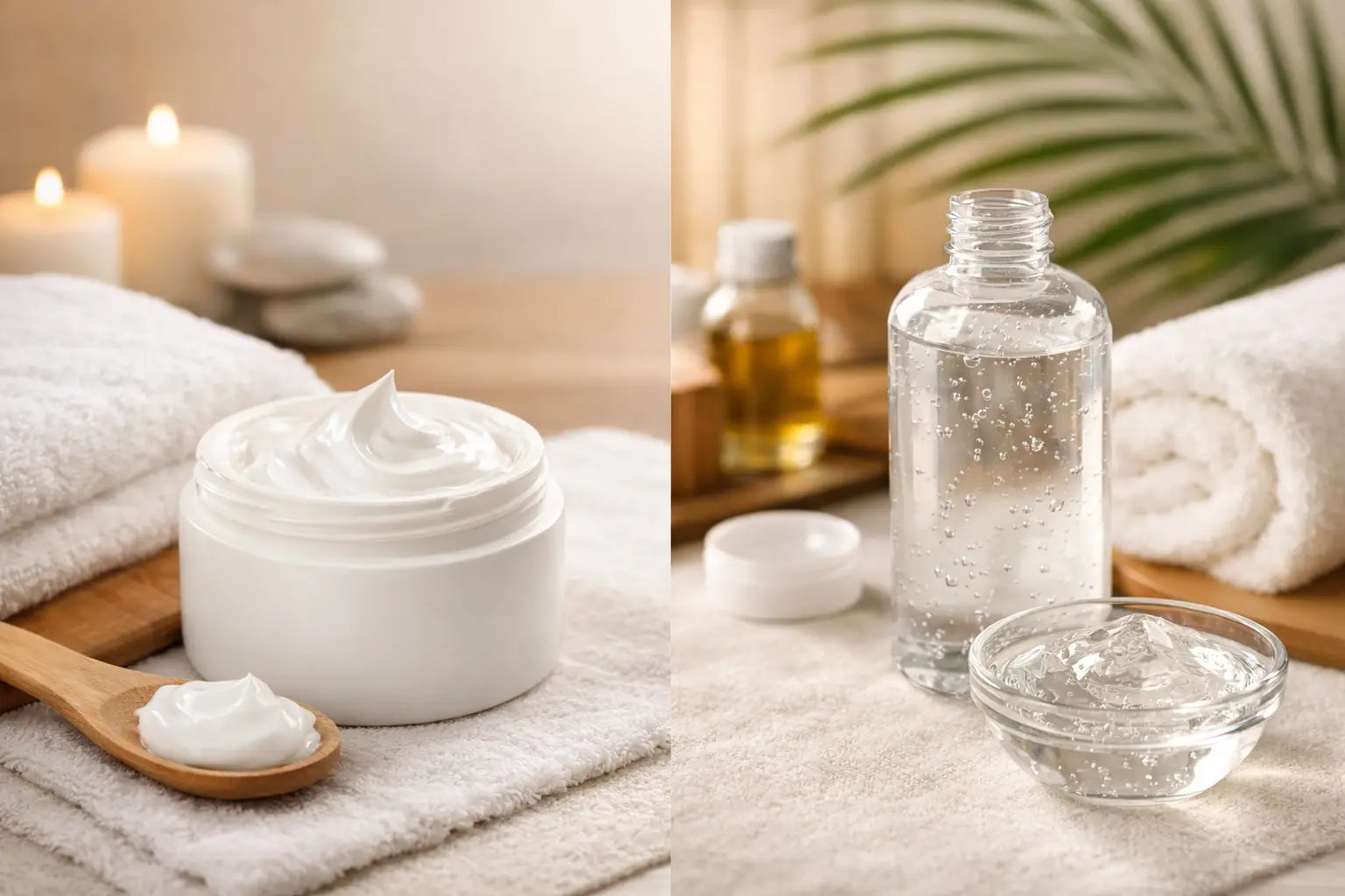 2 images side by side, one of massage cream and one of massage gel, both sitting on a table with spa towels, a plant, and candles in the background. 