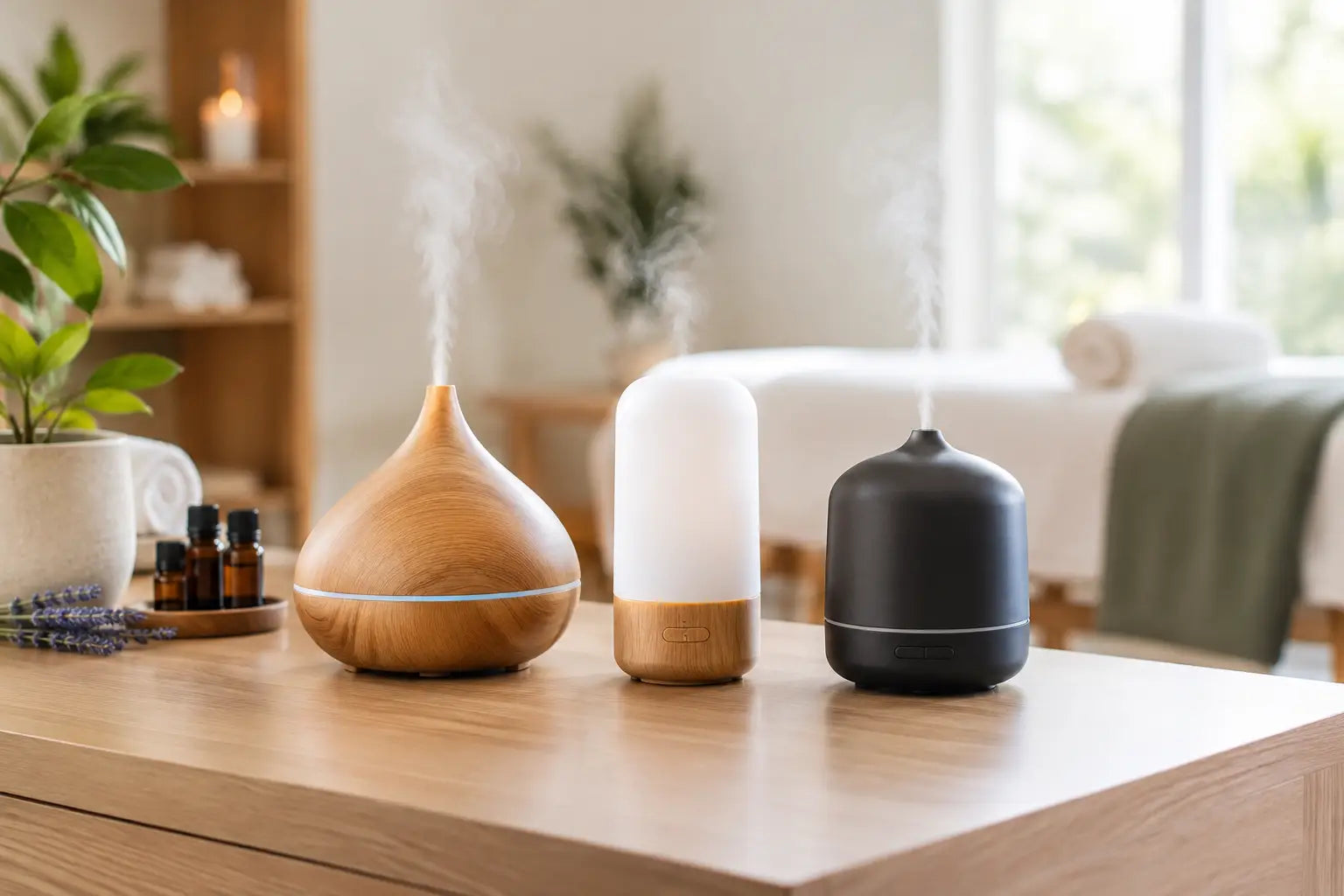 3 different styles of Essential Oil Diffuser Types for Treatment Rooms are sitting on a table, with streams of steam coming out of the top of them. 