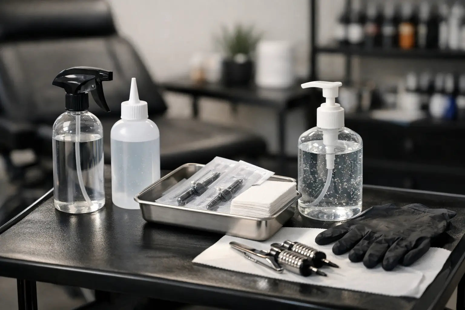 Tattoo Studio Sanitation Supplies on a work table, showing gloves, needles, and cleaning supplies.