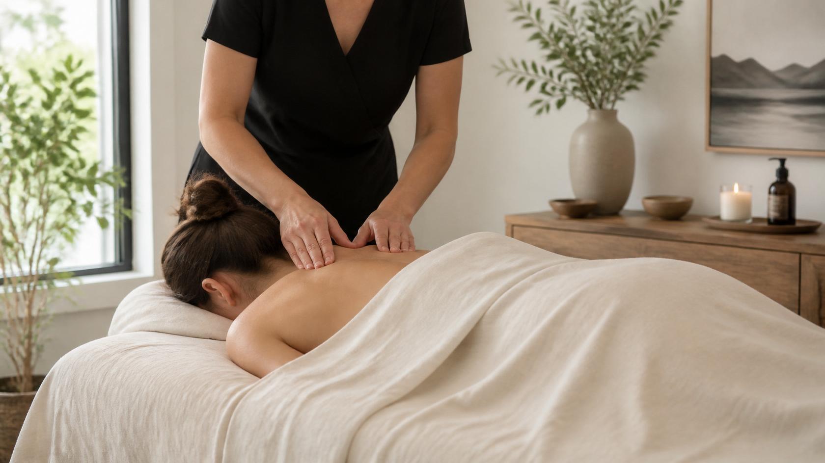 Massage therapist performing targeted upper back bodywork on client draped on a professional treatment table