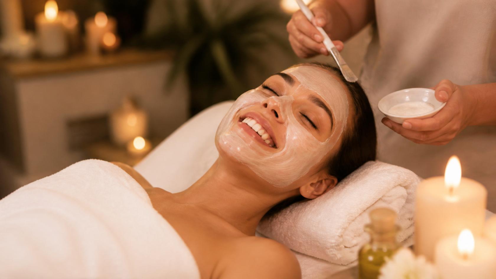 A woman at a spa receiving a facial and skin treatment while smiling.