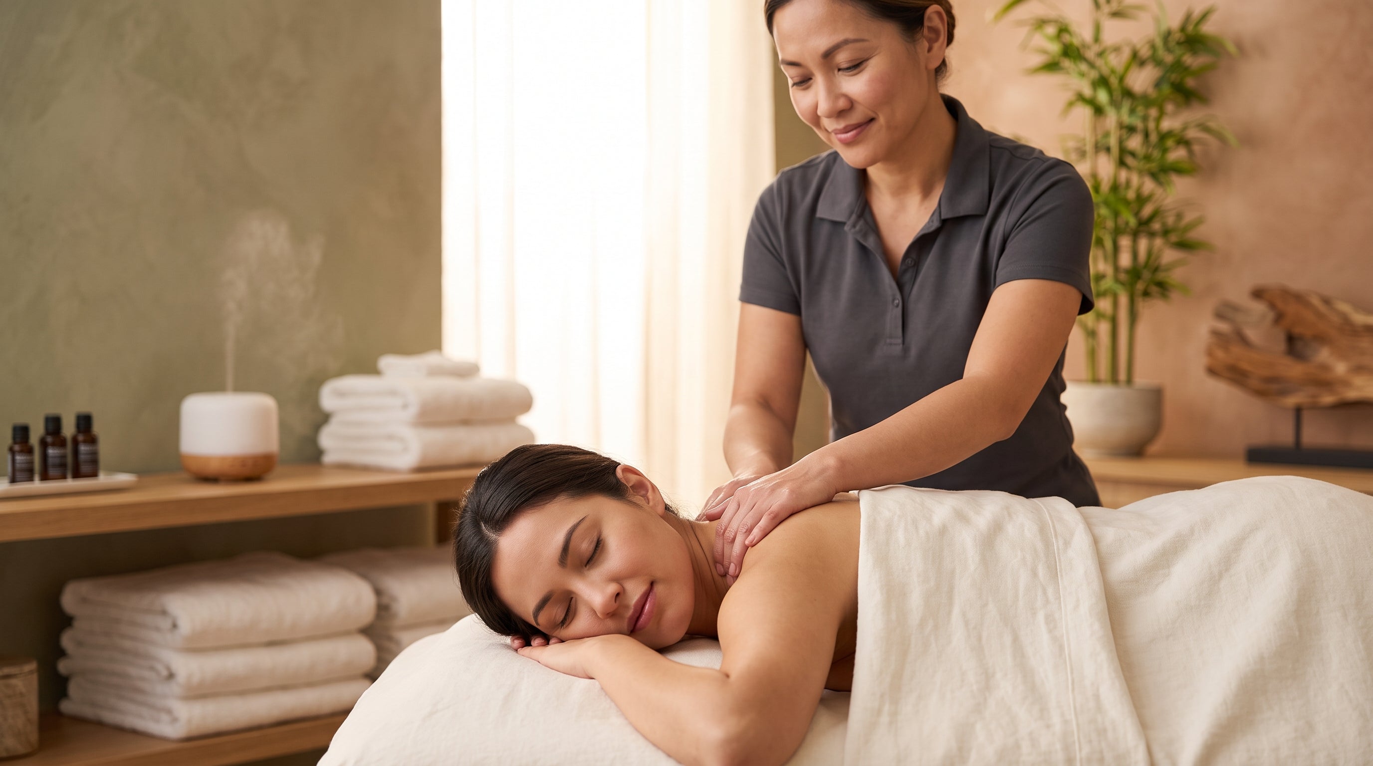A massage therapist is manipulating the lower neck of a client who is on a massage table and covered by sheets. There is a aromatherapy steamer and towels on shelves in the background next to a window with sheer curtains. 