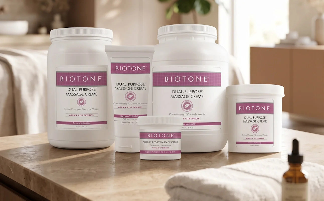 Bitotone dual purpose massage cream selection with a spa background