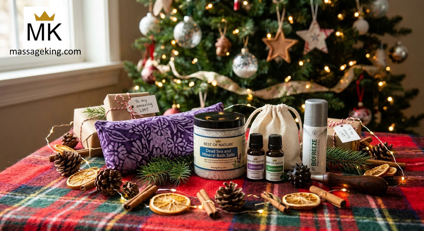 Holiday self-care gift basket for massage therapists with gifts under $25 including batiked eye pillow, mineral bath salts, essential oils, and Biofreeze on a festive plaid table.