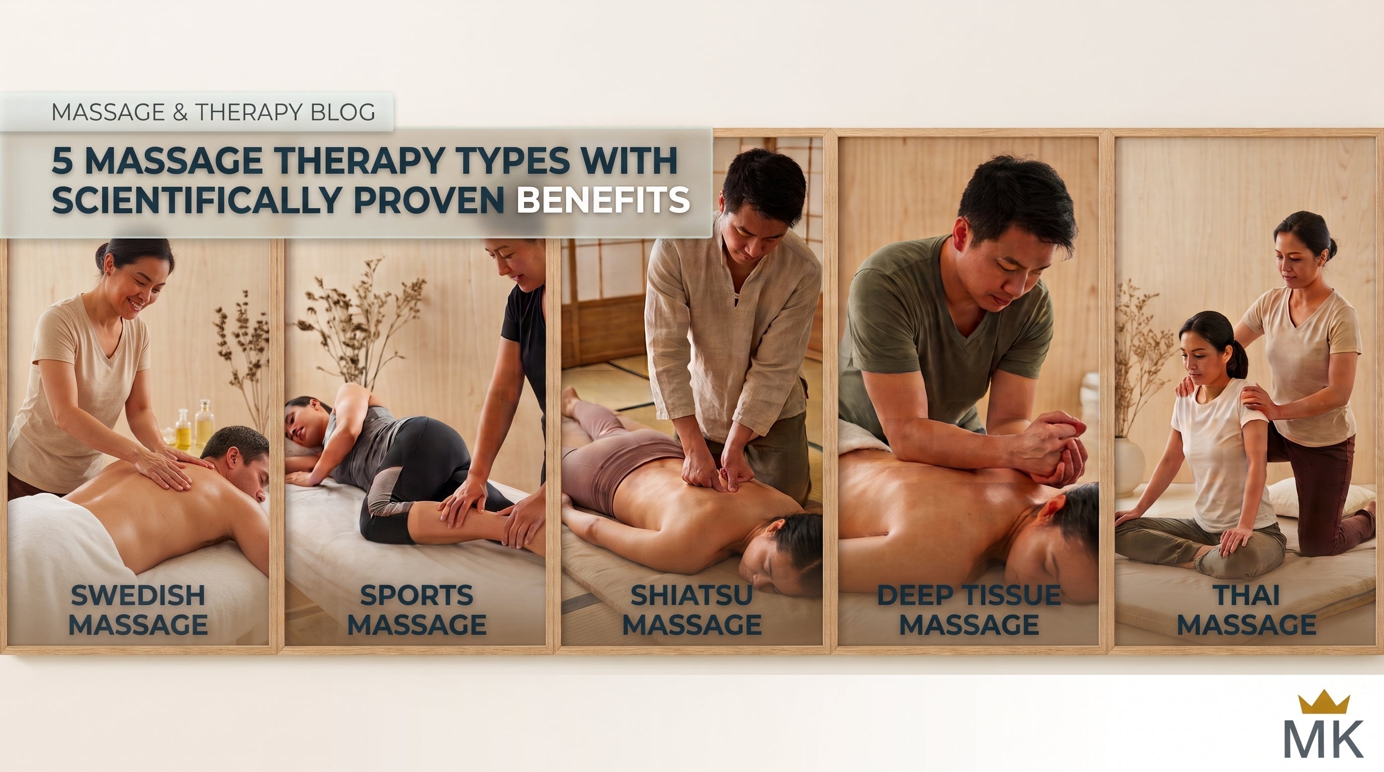 An image with 5 panels, one each for a different modality of massage, being Swedish, Sports, Shiatsu, Deep tissue, and Thai. 