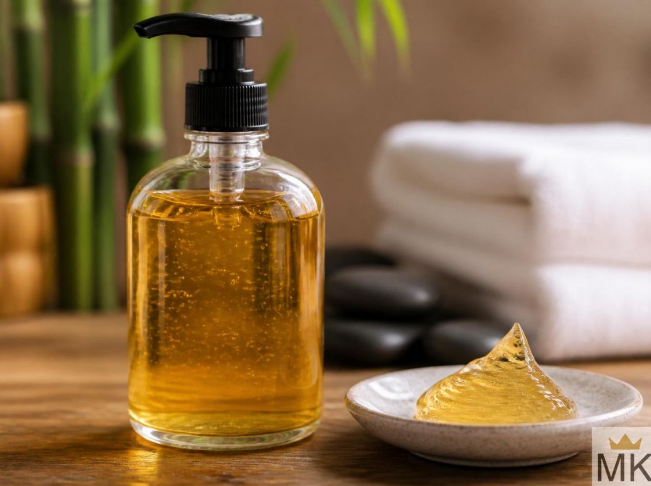 Amber massage gel in a bottle on a table with towels, massage stones, and bamboo in the background. Image from massageking.com