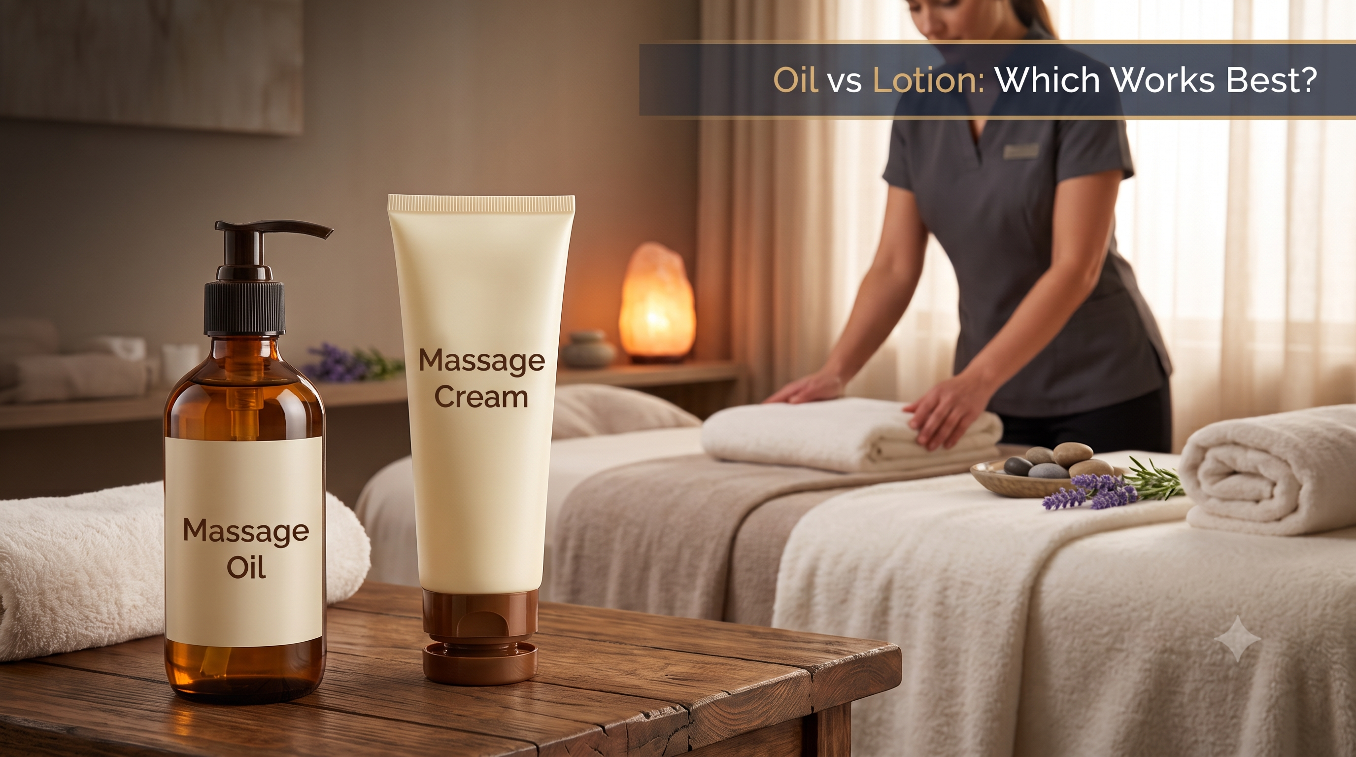 Picture of both massage oil and massage lotion on a table in a massage room.