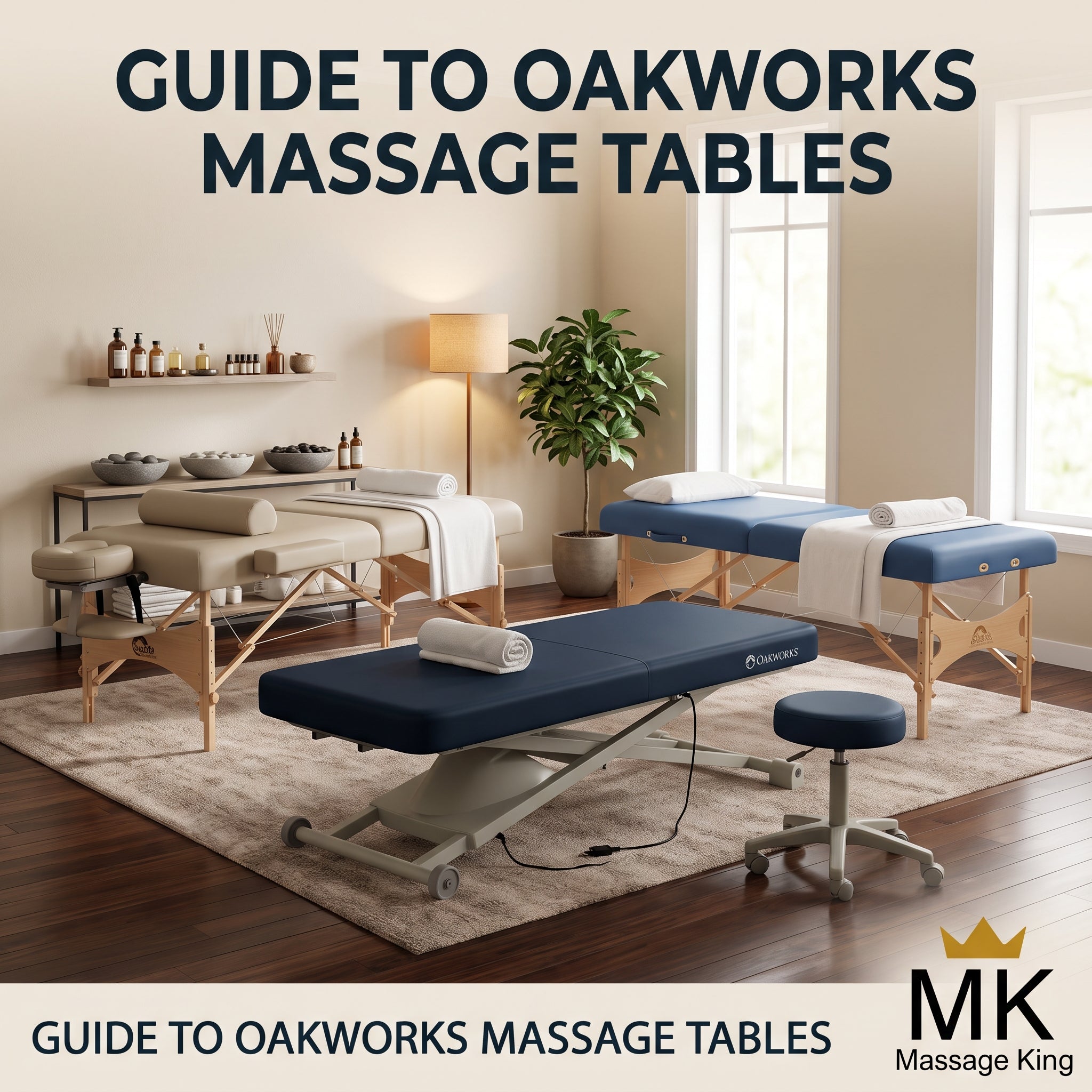 A collection of 3 different styles of Oakworks massage tables, with the Massage King logo in the lower right. 