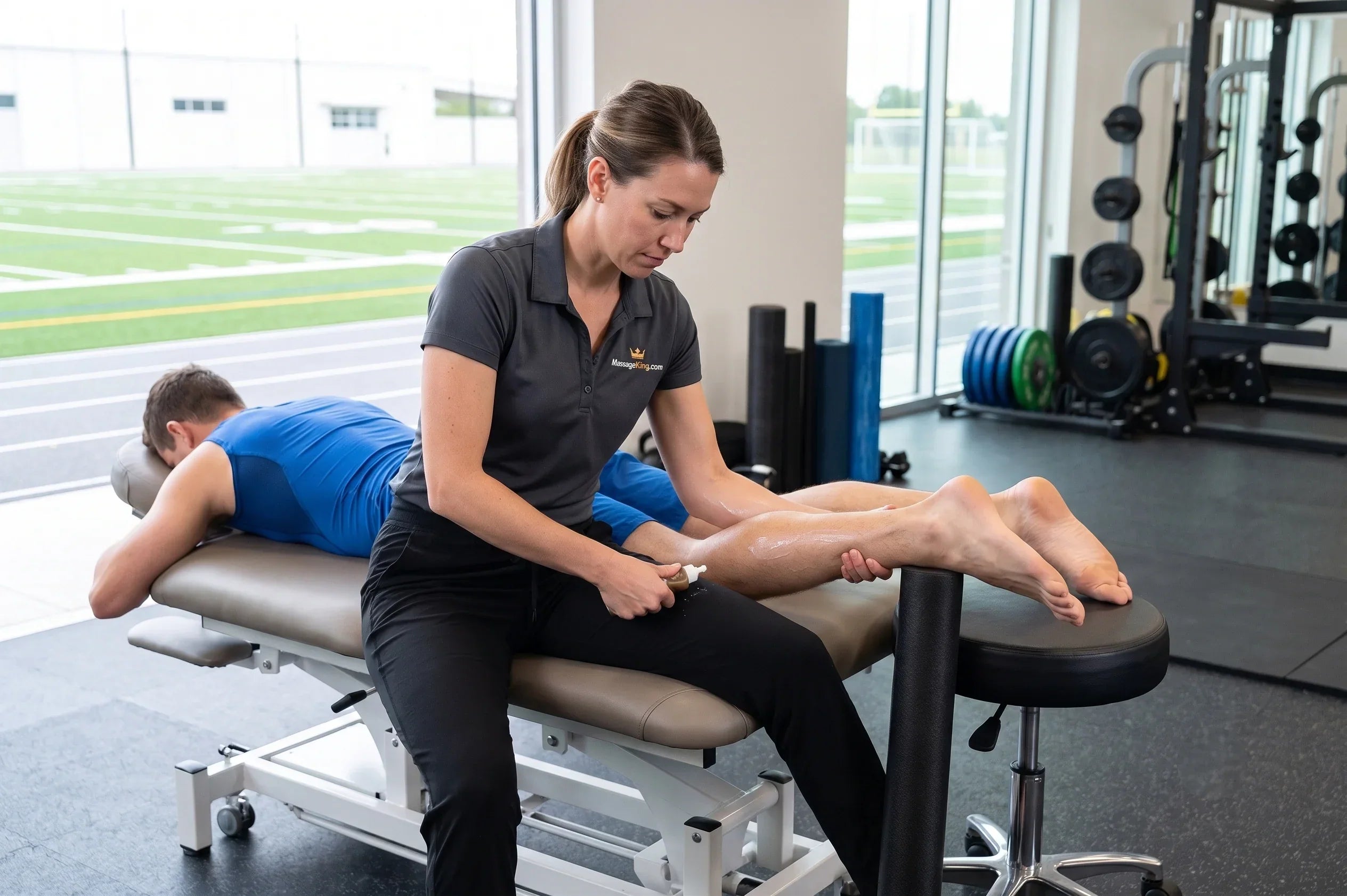 Female sports massage therapist and practitioner applying targeted manual therapy to a female athlete in a training facility.