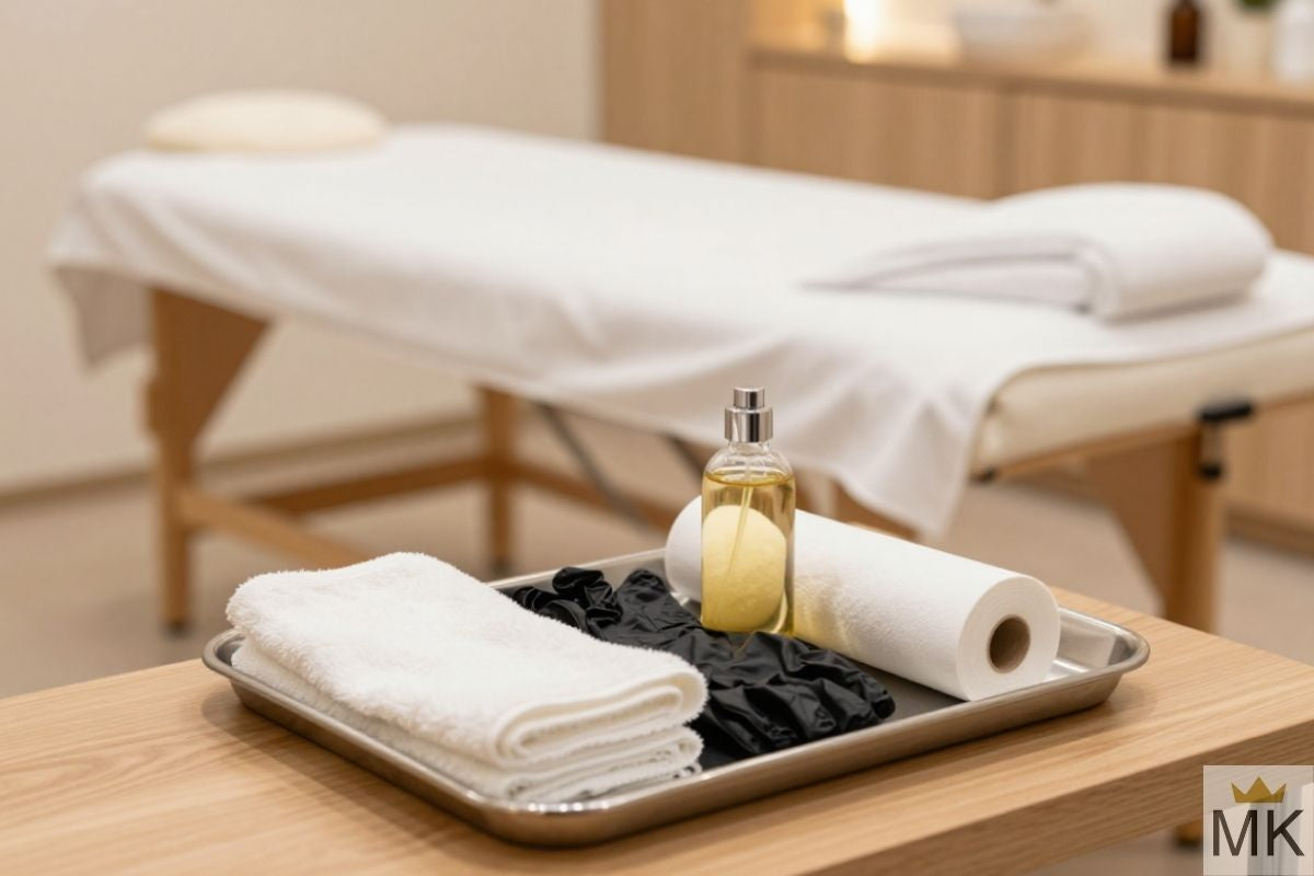 A clean, organized setup of essential spa disposable supplies, including crisp white towels, massage oils, and protective barriers on a stainless steel tray, by MassageKing.com