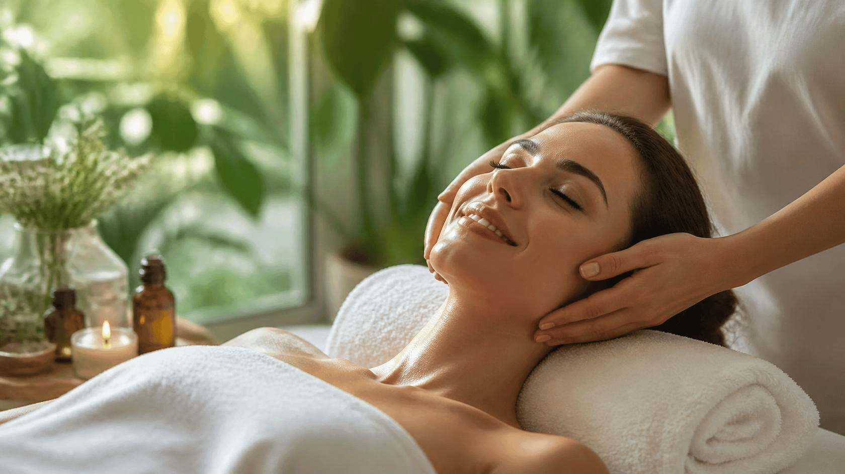 Woman receiving a massage while lying face up on a massage table in a spa room.