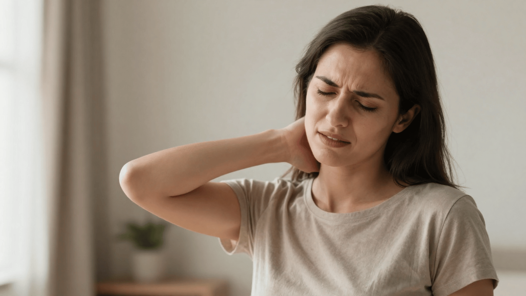 Woman experiencing acute neck strain and stiffness