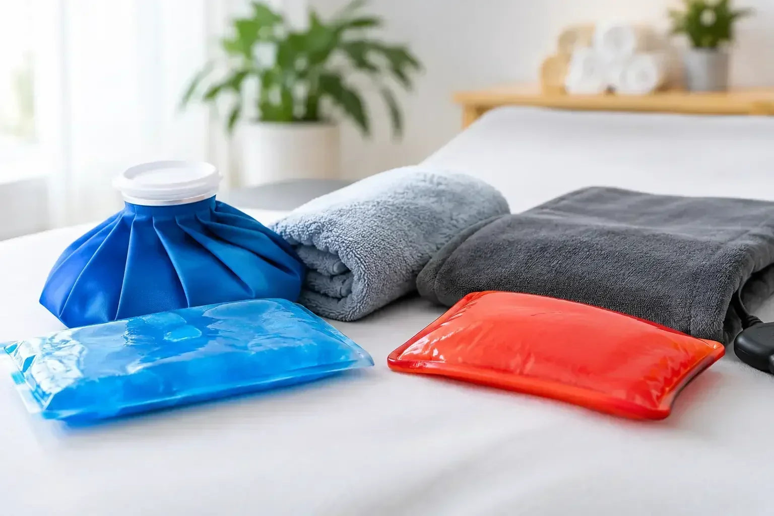 A selection of hot and cold packs sitting on a bed with a fleece blanket and a rolled-up towel. 