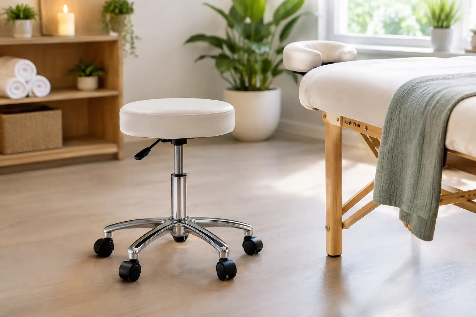 A massage stool with a 5-wheel chrome base and white upholstery is in a spa room next to a wooden frame and white upholstery, with a blanket draped on it.