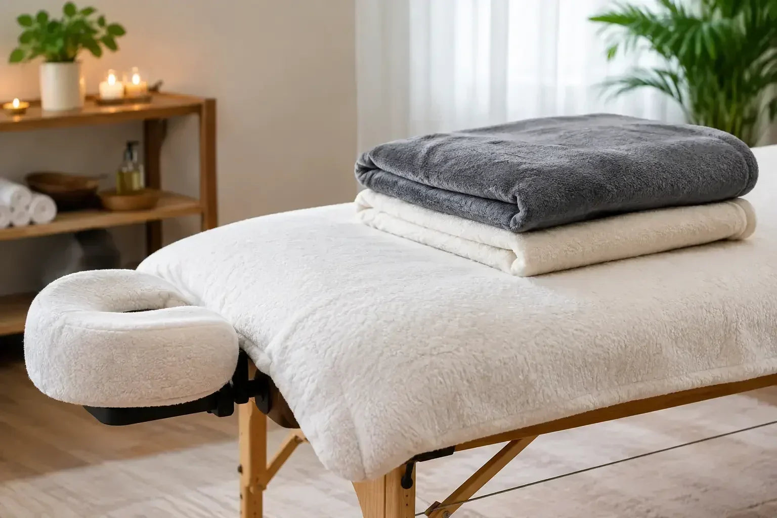 A massage table set up in a massage room with a fleece pad draped on top of it, and two folded towels stacked and sitting on top of the table, to illustrate the idea of Massage Table Fleece Pad Buying Guide for Pros