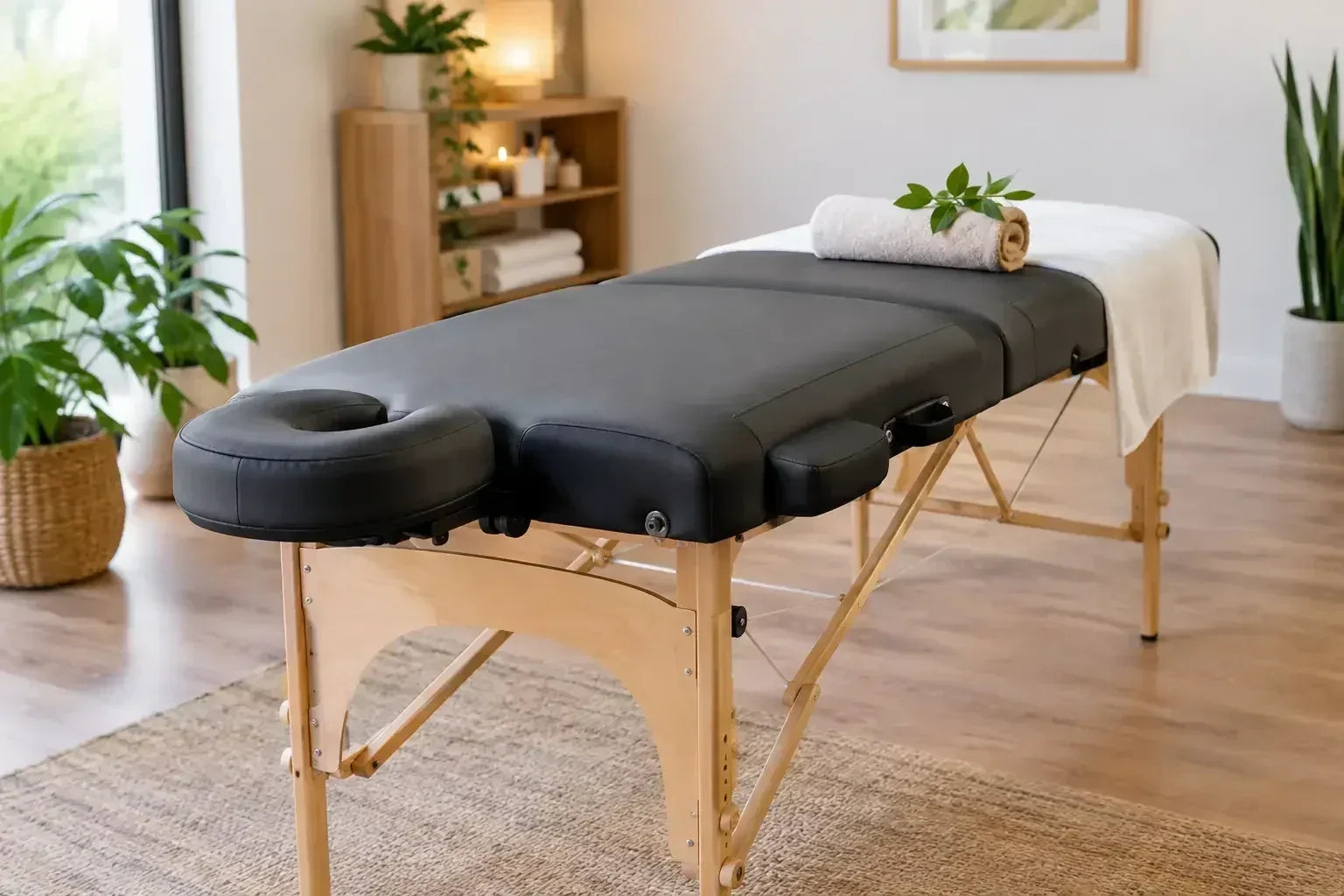 A portable massage table with black upholstery that is set up in an open room with wood floors to illustrate the idea of Massage Table Buying Guide for Professionals