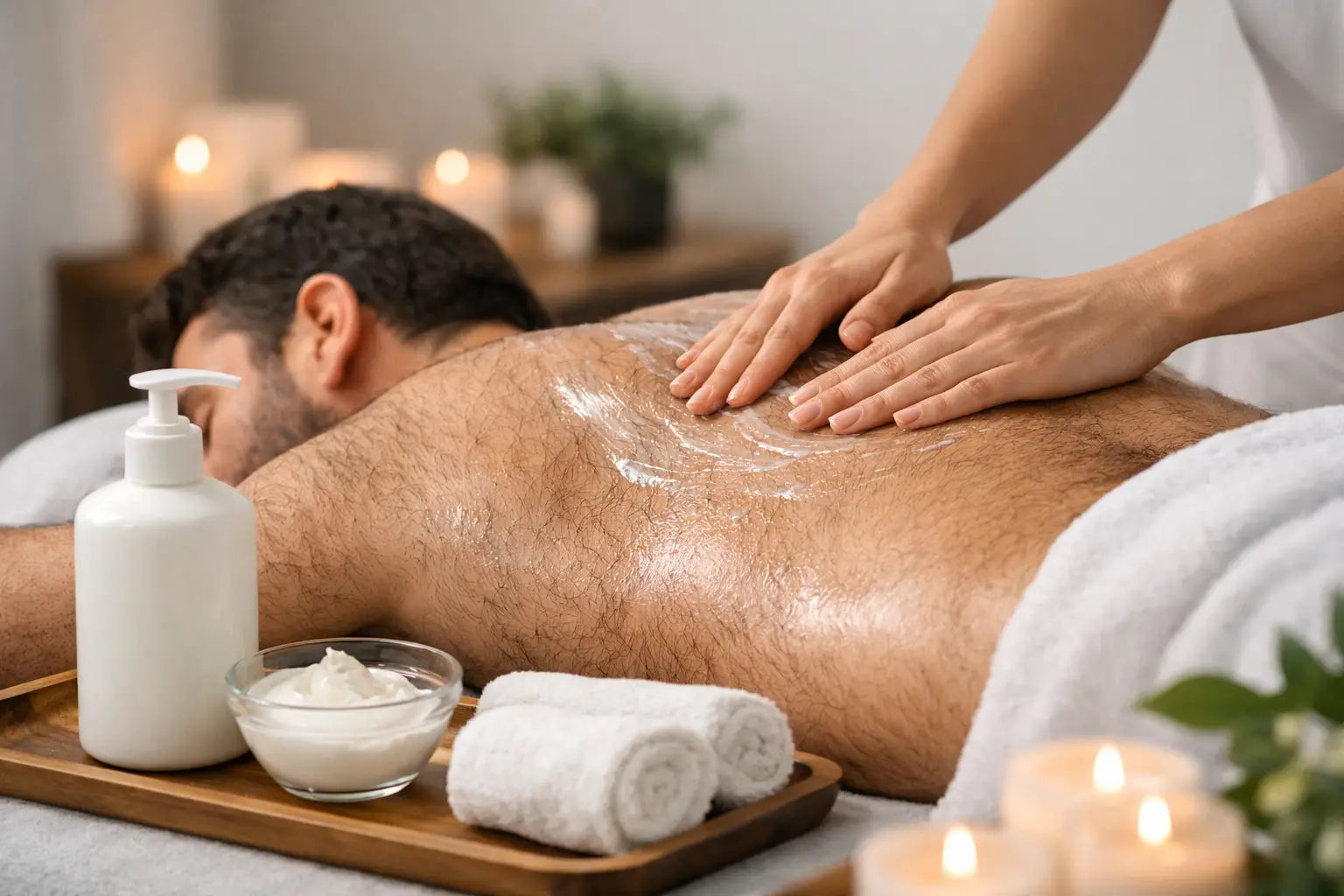 Image of a man with a hairy back laying on a table in a therapeutic session on a massage clinic. 