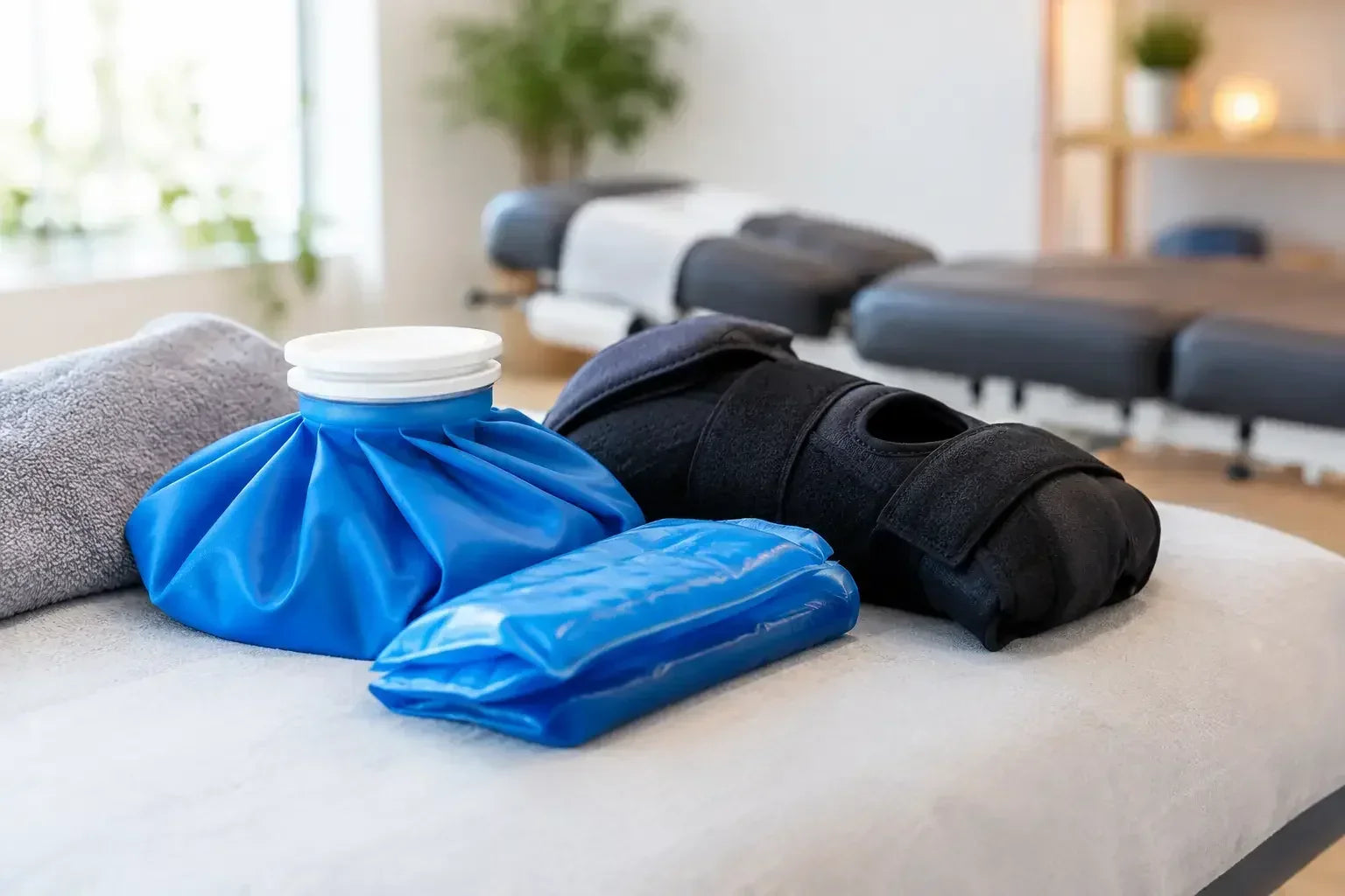 2 types of cold packs, an orthopedic brace, and a towel, all sitting on a draped table, with a chiropractic adjusting table in the back ground. 