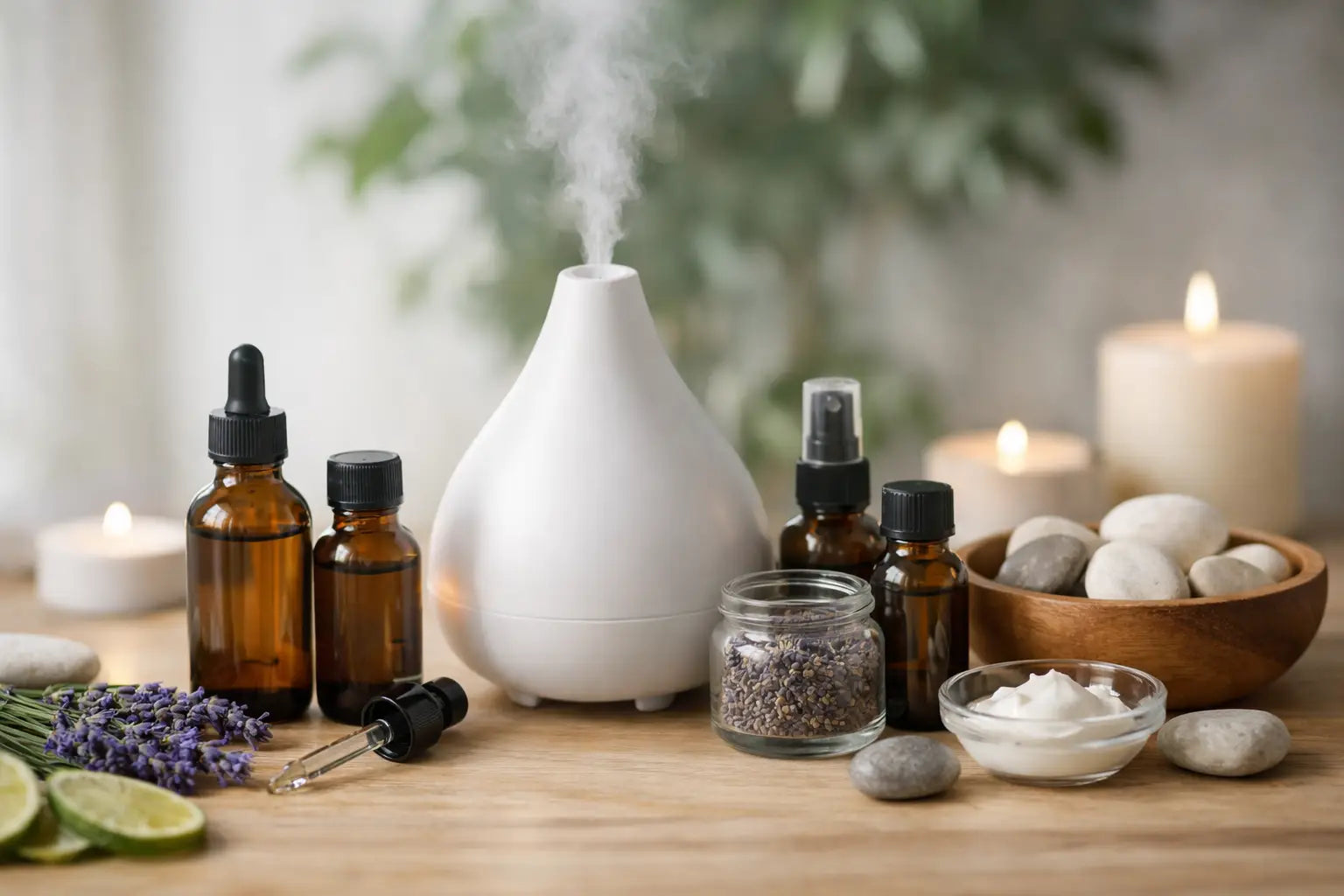 A table with different aromatherapy bottles, a mister, and candles, to help illustrate the idea of Choosing Professional Aromatherapy Supplies