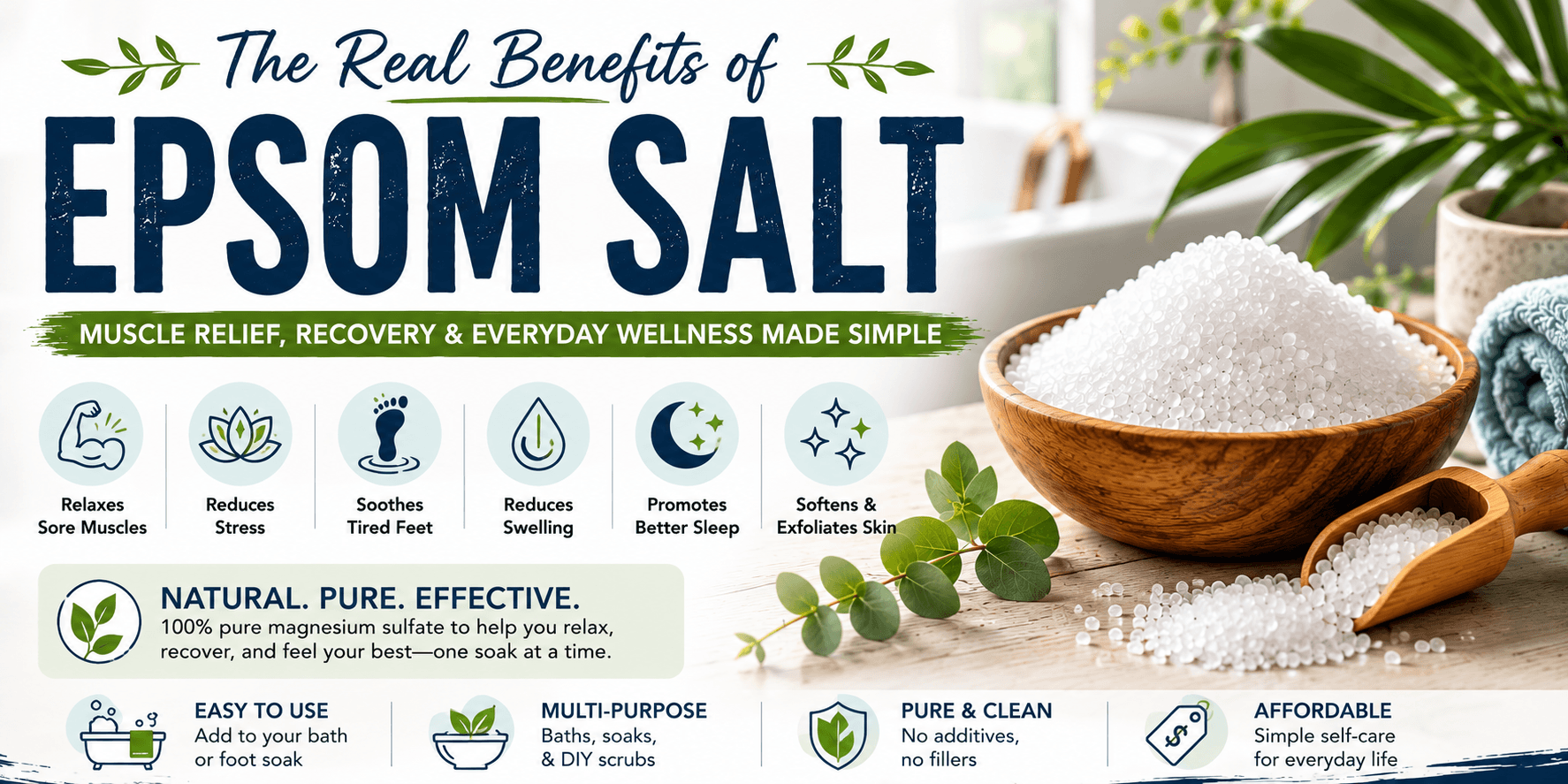 The Real Benefits of 100% Pure & Natural Epsom Salt. Muscle Relief, Recovery & Everyday Wellness Made Simple.