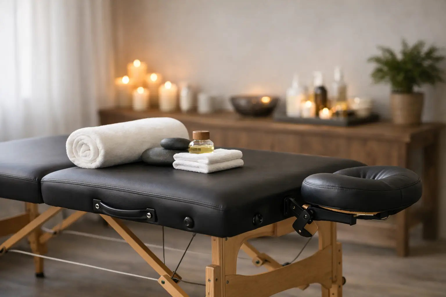 A massage table is set up in a room with a rolled up towel, some hot stones, massage oil, and 2 folded wash cloths sitting on the table. In the background is a long narrow table with several lit candles and a plant. 
