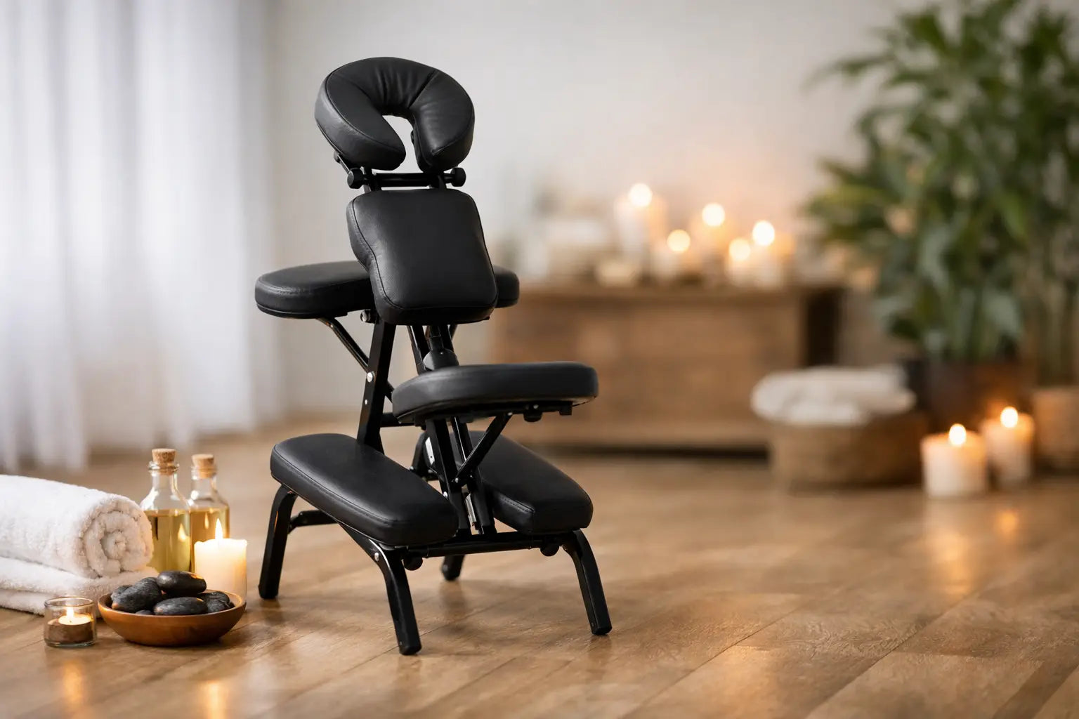 A black portable massage chair set up in a room on a wooden floor with stones, towels, massage oil, and candles all distributed around the room. 