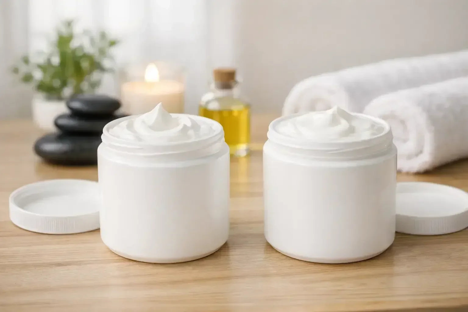 Two tubs of massage cream sitting on a table side by side. In the background is a plant, 3 massage stones, a candle, a small jar of oil, and 2 white towels rolled up.
